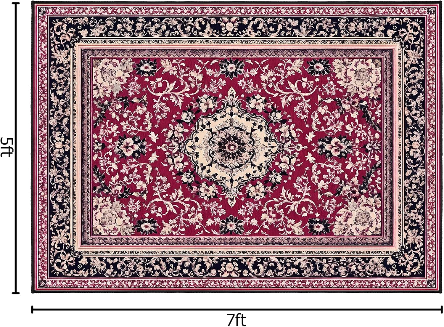 AQQA Luxury Traditional Area Rug, 5x7 Large Oriental Medallion Carpet, Red & Burgundy Vintage Floral Rug for Living Room, Dining Room, Bedroom, Non-Shedding & Low Pile, Machine Washable Floor Cover