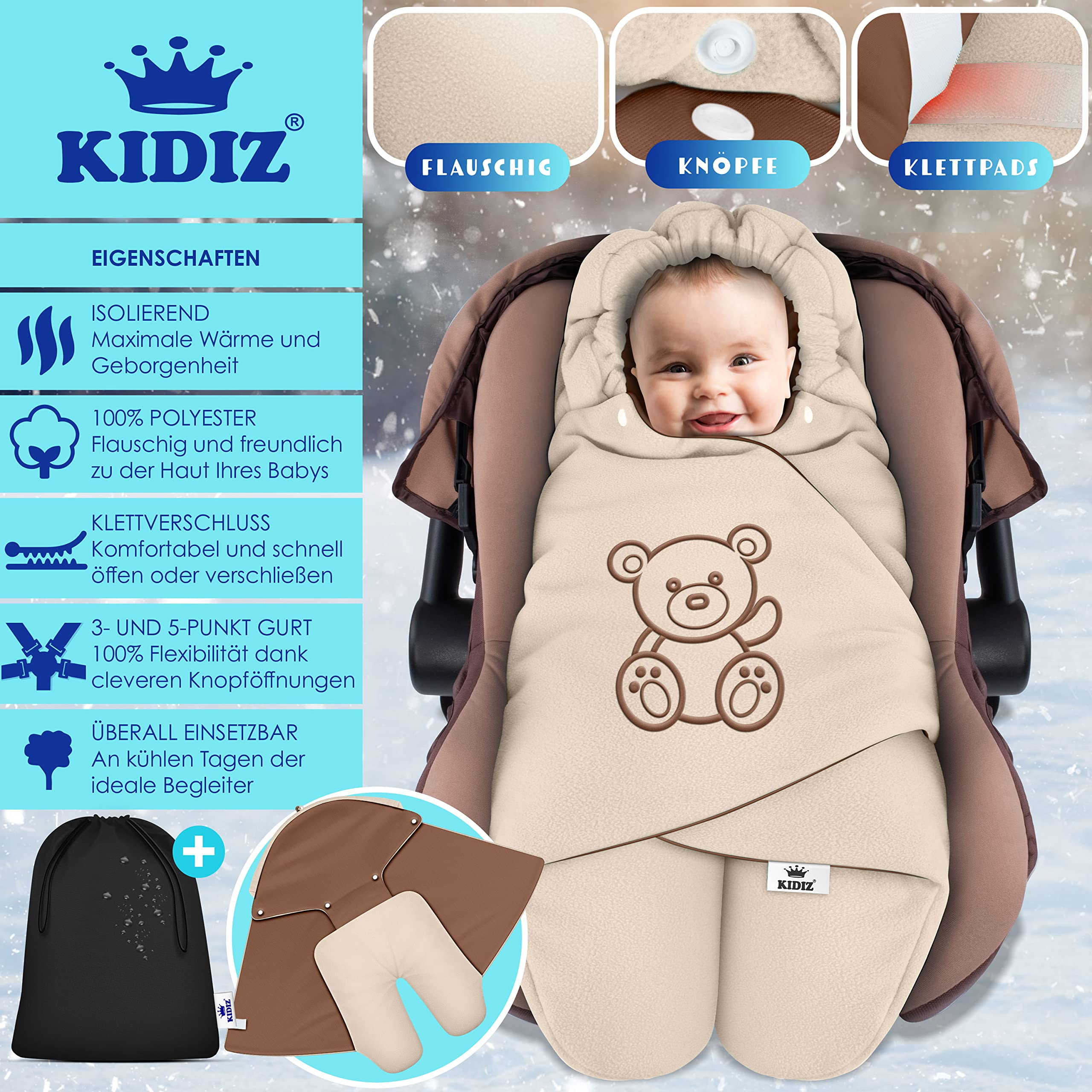KIDIZ® Couverture Hiver avec Capuche + Poche Universelle pour Bébé - Compatible Coque, Siège Auto, Römer, Buggy, Lit, Poussette & Systèmes de Ceinture 3 & 5 Points
