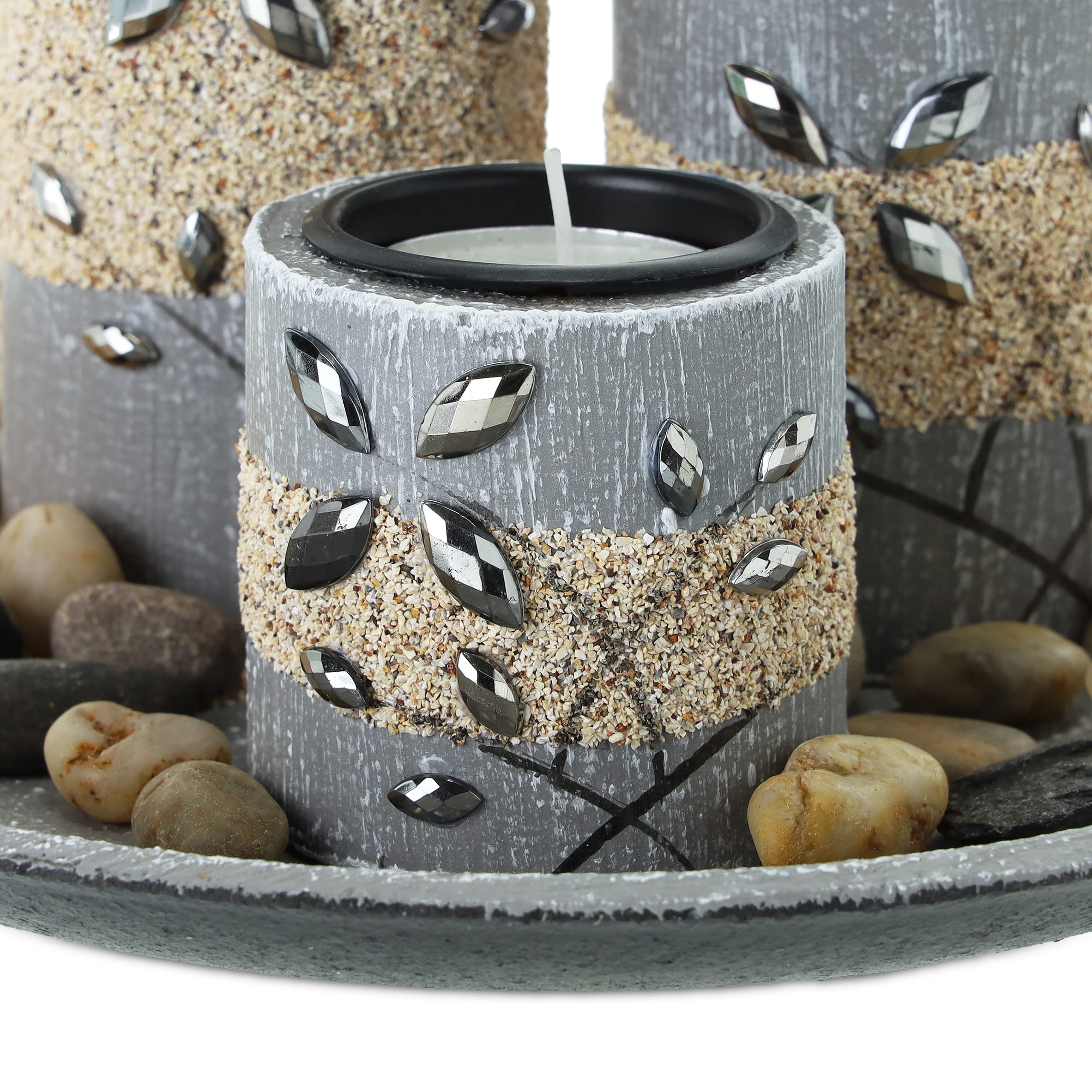 Relaxdays Portacandele, Vassoio e Vasetti, Centrotavola Rotondo, 3 Candeline, D22 cm, MDF, Effetto Pietra, Grigio Sabbia