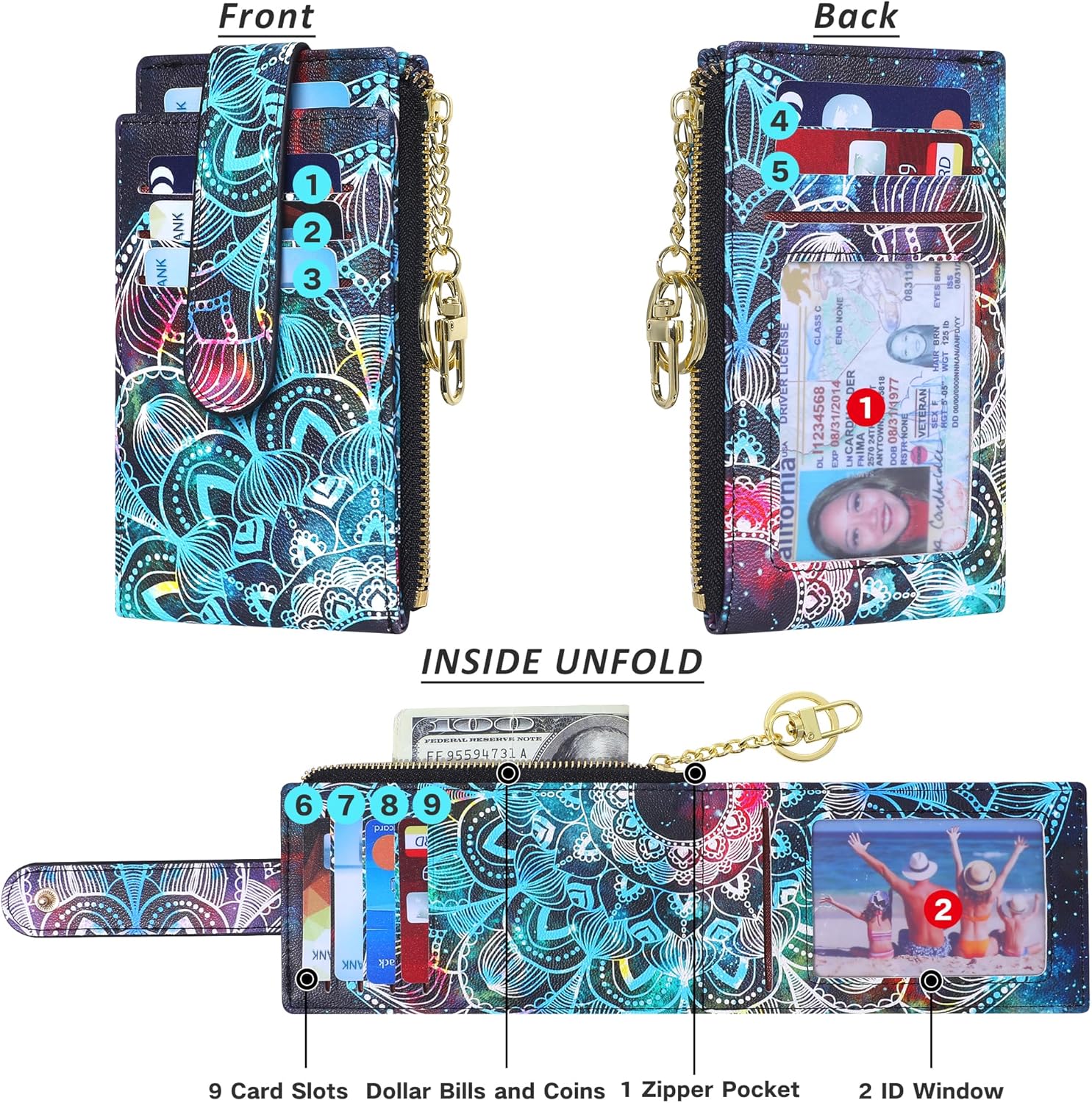 Badiya Slim Women Wallet RFID Blocking Bifold Compact 9 Card Slots Holder Wallets Soft Leather with Zipper Coin Pocket 2 ID Window - Image 6