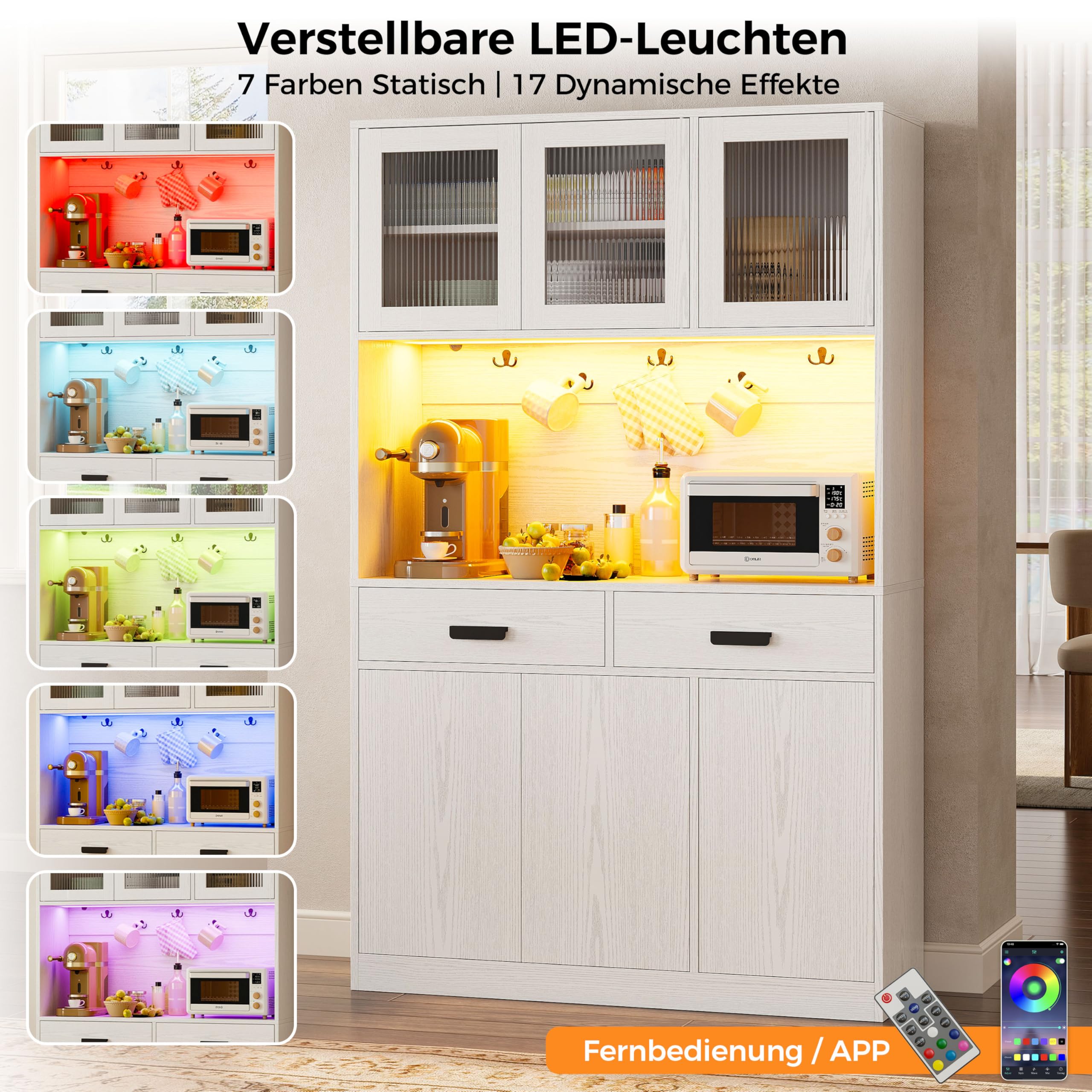 IRONCK Hocher Küchenschrank mit LED Beleuchtung & Steckdose USB Ladeports, Buffetschrank mit Arbeitsplatte 2 Schubladen Magnettüren Sideboard für Kaffeebar Küche Wohnzimmer Esszimmer 180x110x38cm Weiß