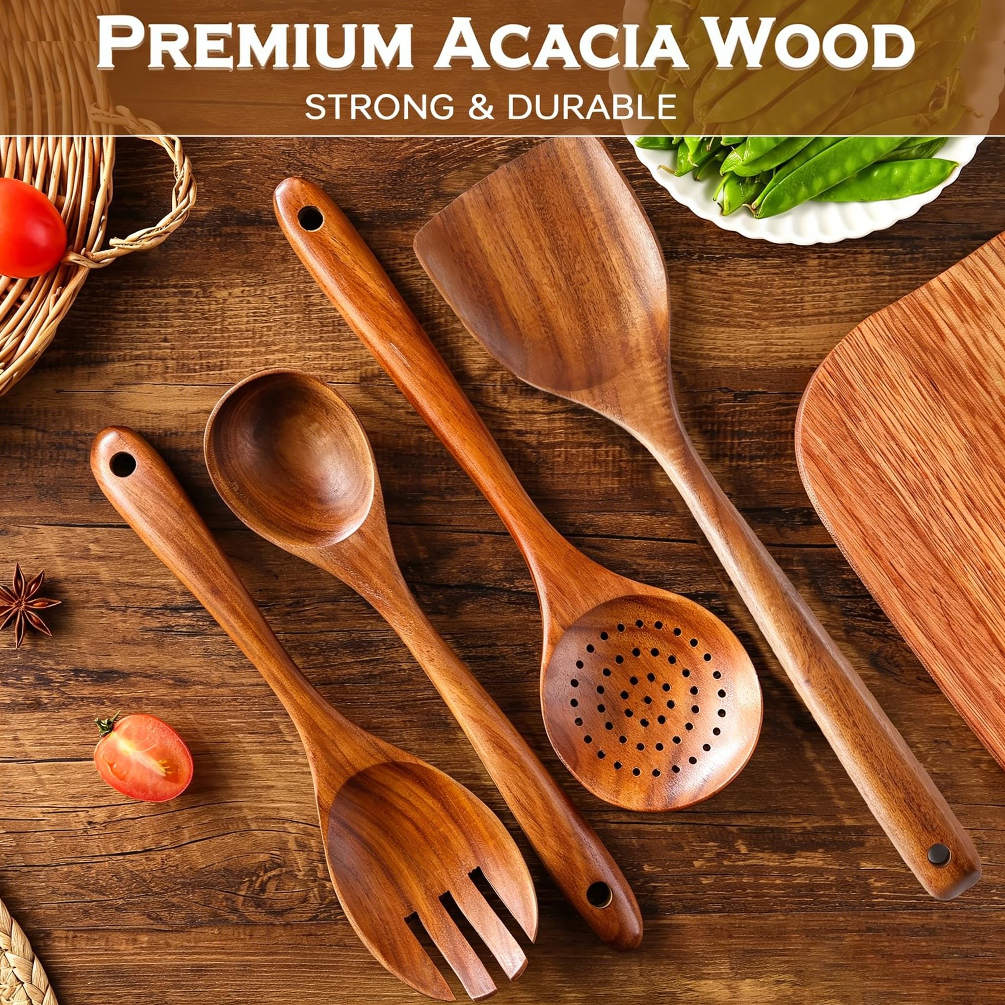 Cucharas de madera para cocinar, juego de 7 utensilios de madera de teca, cuchara de espátula de madera resistente al calor para cocinar, agarre cómodo, utensilios de cocina de madera antiadherentes
