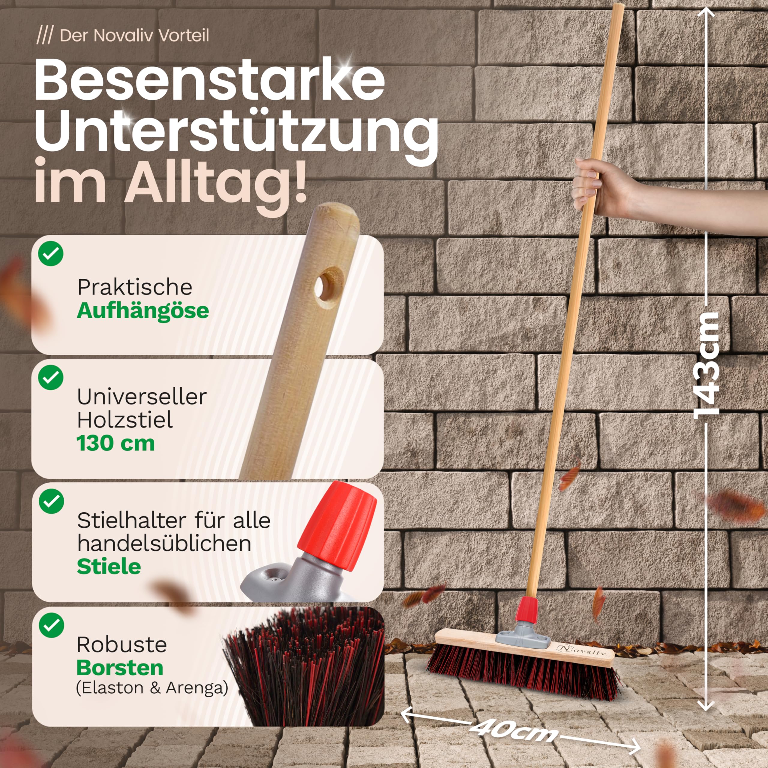 Novaliv 4 x Kehrbesen 40 cm I Besen mit Holzstiel I Arenga-Elaston Hofbesen Gartenbesen I Straßenbesen Industriebesen