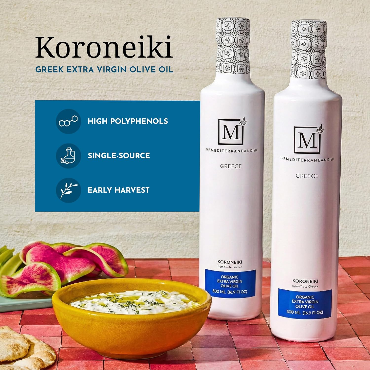 The Mediterranean Dish Koroneiki Organic Greek Gourmet Extra Virgin Olive Oil - Cold Pressed - Single Origin Greek EVOO from Crete - Medium Intensity - 500ml Glass Bottle