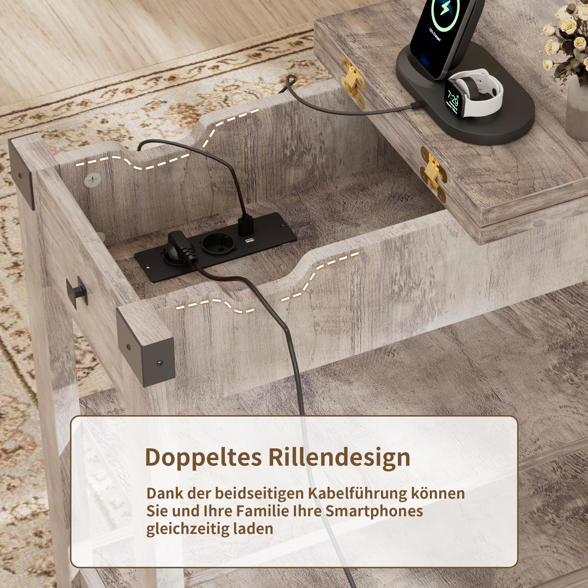 BonVache Beistelltisch, Nachttisch mit Ladefunktion, Sofatisch Klein, Schmal Couchtisch mit Ablage, 1 Schubladen, Zeitschriftenhalter, Nachtschrank für Wohnzimmer, Schlafzimmer, Grau