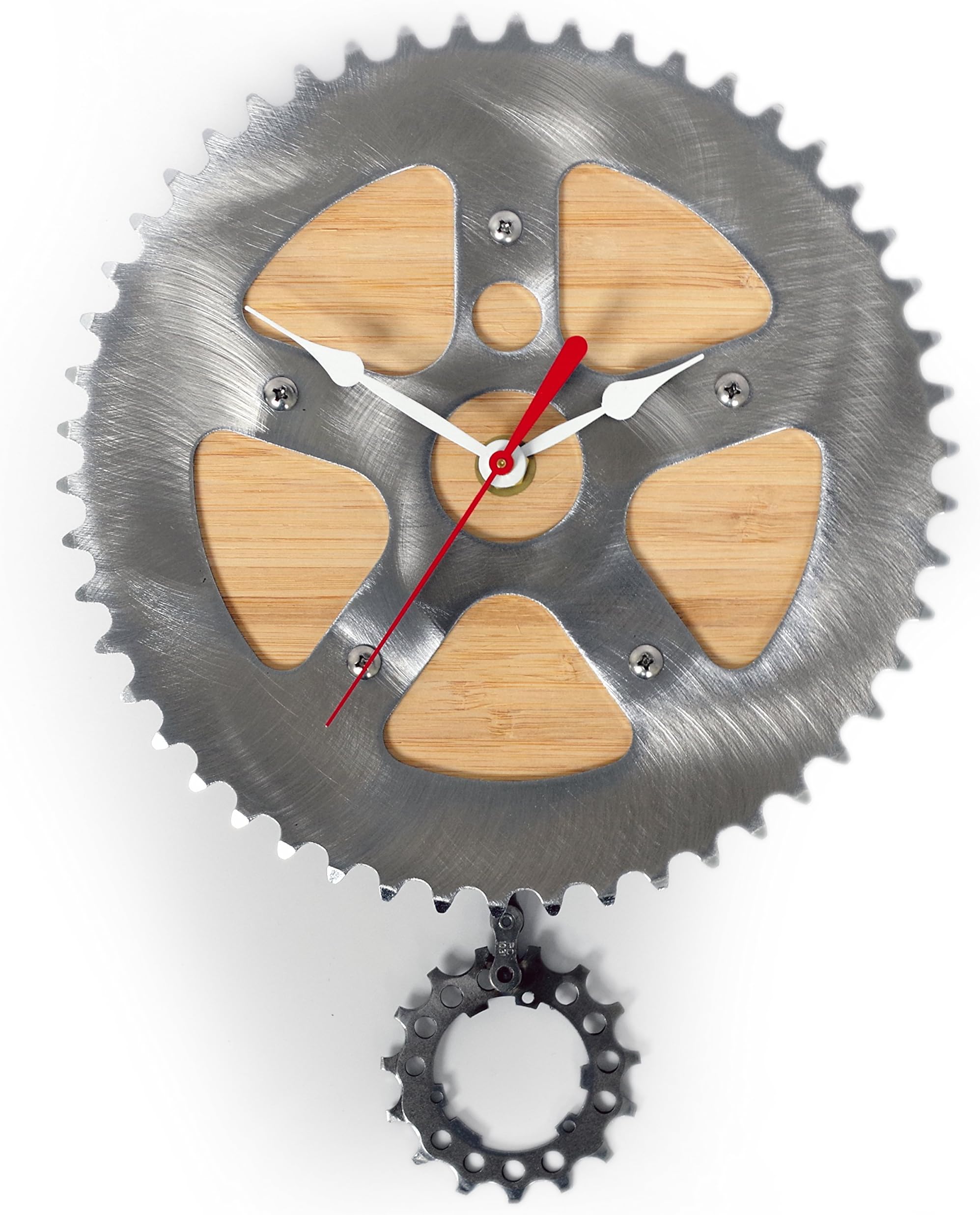 Bamboo Bike Clock by Resource Revival | Recycled Bicycle Material Wall Pendulum Clock | Rustic Modern Round Metal Gear Clock - Created for the Adventurer