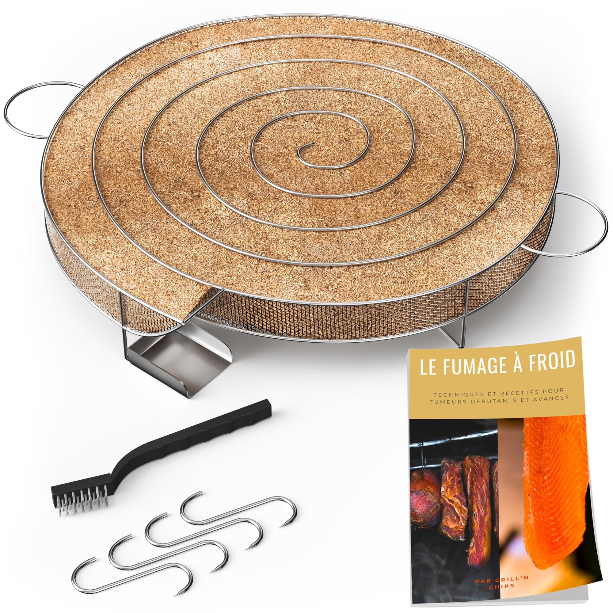 Generatore (30 cm)/Serpentino di fumo freddo per affumicatore di carne e pesce + 4 ganci e 1 spazzola di pulizia - Guida digitale PDF da scaricare (offerta)