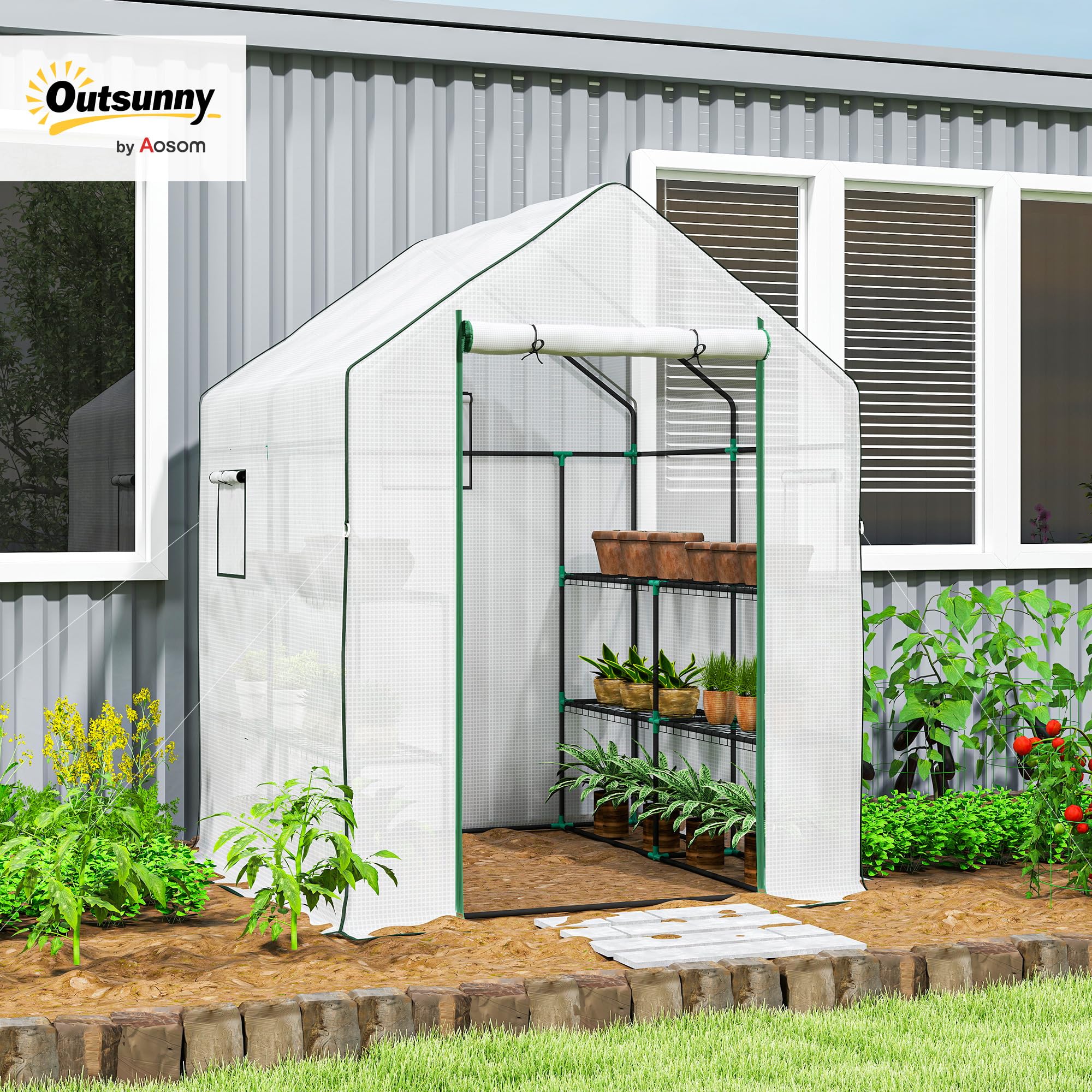 Outsunny Serra tunnel 3 livelli 8 ripiani 140x143x190 cm Bianca | Piccola serra, copertura PE rinforzata, serra da giardino, porta arrotolabile, tre finestre a rete