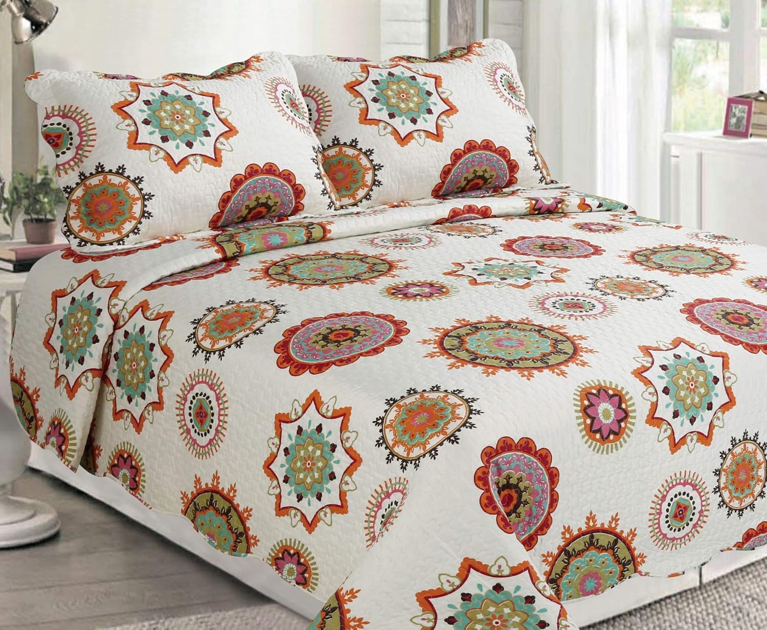 Sapphire Home 3 Piece King Size Bedspread Coverlet Quilt Bedding Set w/2 Pillow Shams, Modern Circle Pattern White Ivory Orange Brick, King XJ2117