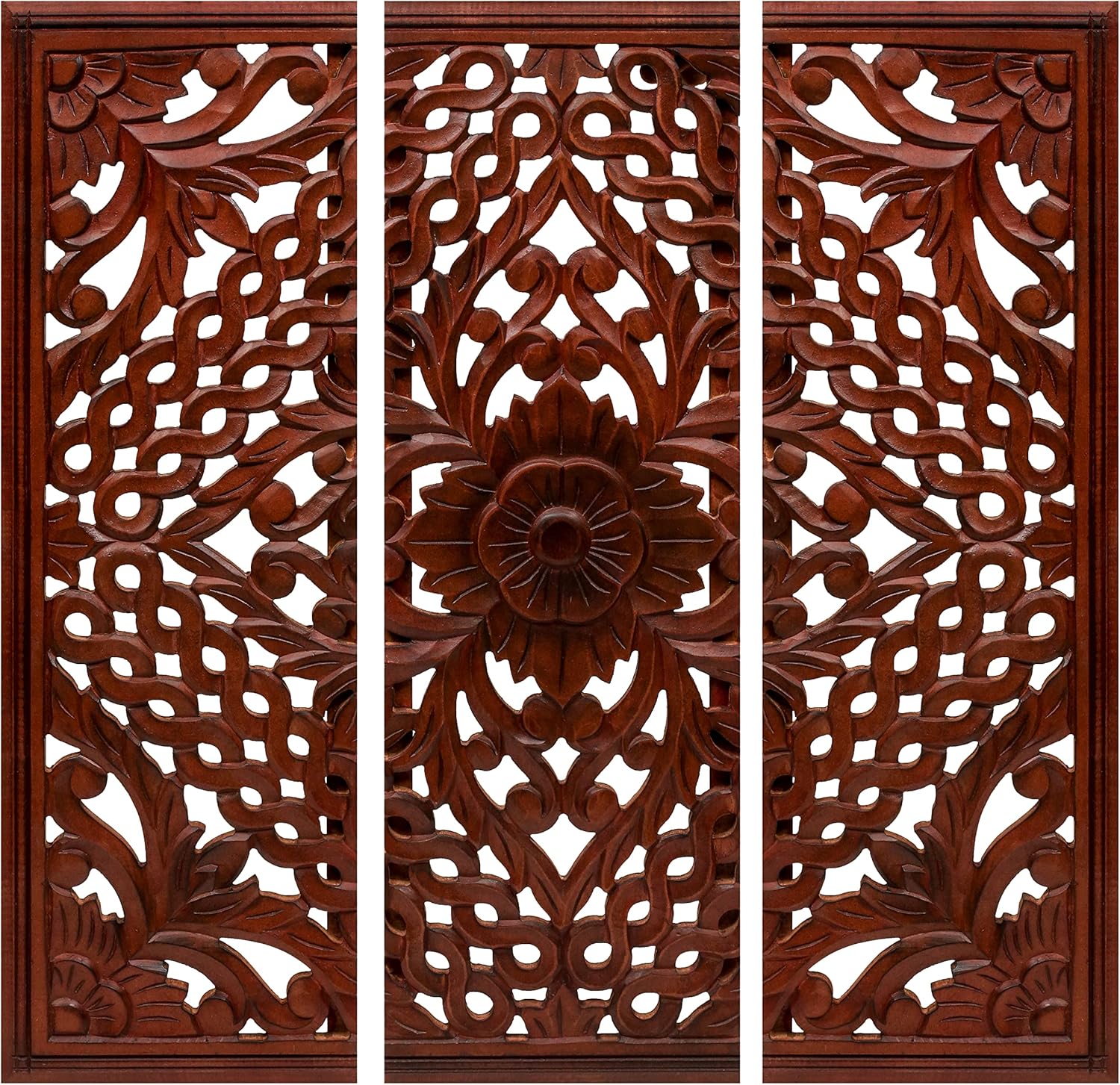 Light & Pro Moroccan-Chinese Wall Art – Set of 3 Handcrafted Floral Panels 36x12 Inch for Living Room, Bedroom & Hallway – Elegant Wooden Décor for Modern & Traditional Interiors