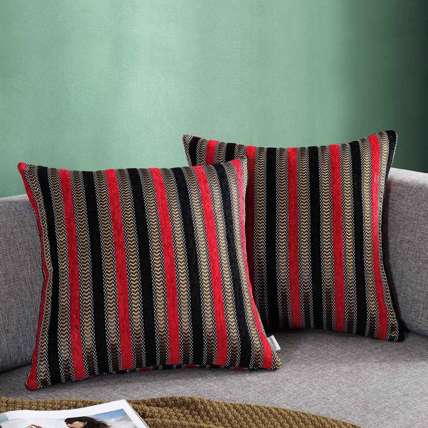 AmHoo Chenille 2 Pack Stripe Throw Pillow Cover Soft Pillowcase Cushion Double-Sided Jacquard Luxury Style for Bed Sofa Couch Decoration 20x20Inch Black Red