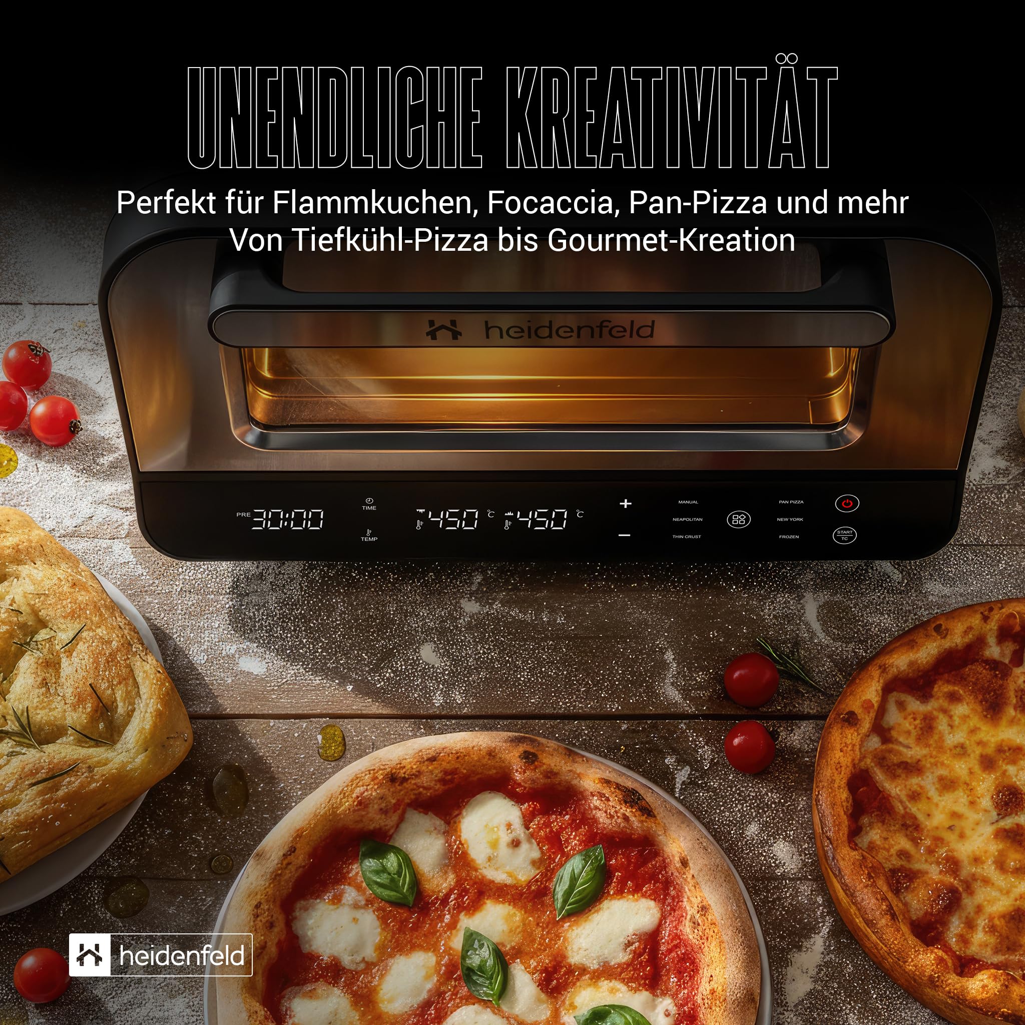 Heidenfeld Pizzaofen | 1850 Watt bis 450°C - Backofen inkl. Pizzastein & Pizzaschieber - Pizzaofen elektrisch - Pizza Ofen - Elektrischer Pizzabackofen - Pizza Maker - Pizzamaker - Steinofen