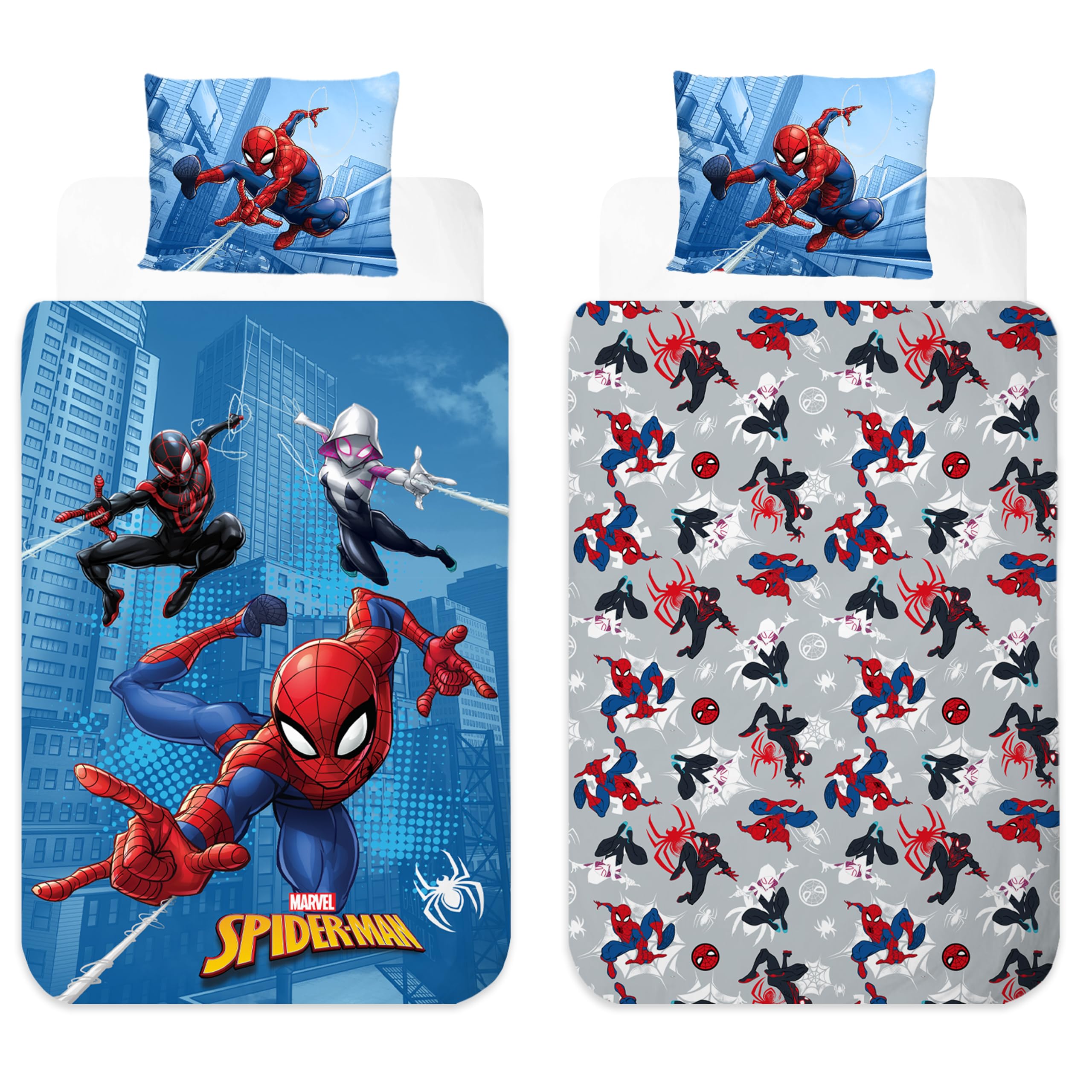 Marvel Spiderman Baby & Toddler Reversible Bedding Set | Junior Duvet Cover 100×135 cm + Pillowcase 40×60 cm | 100% Cotton Soft Breathable Bed Linen Set | Official Marvel Kids Bedding