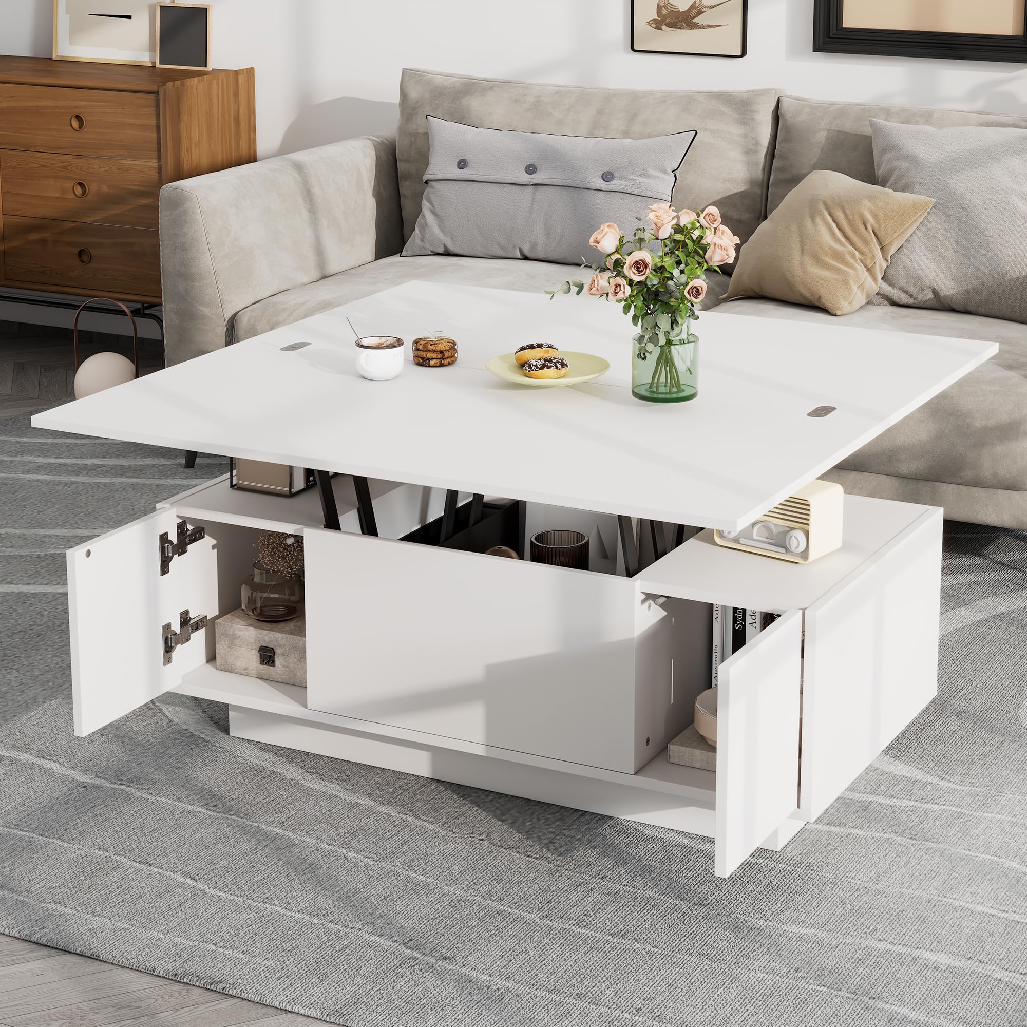 Coolfish Lift Up Coffee Table w/Hidden Storage, Centre Table w/ 2 Doors 2 Lifting Platforms, Lifting Sofa Side Table, Space-saving End Table, Tea Table, Particleboard 100 x 50 x 55.5 cm White