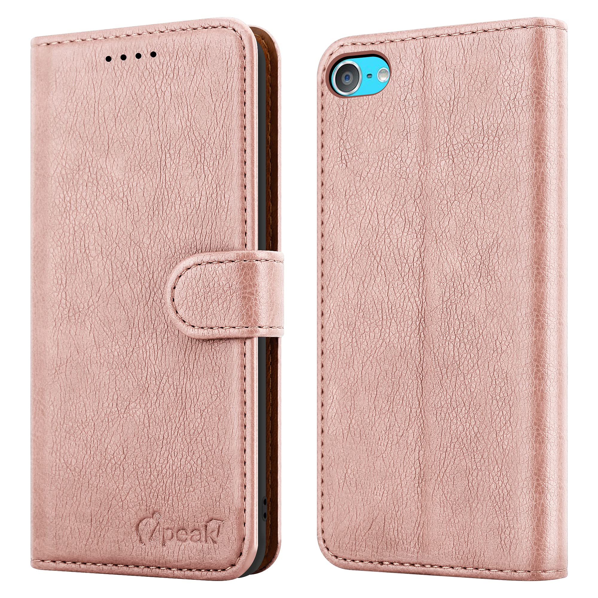 iPEAK For iPod Touch Case 7th/6th/5th Generatin Case Leather Flip Magnetic Closure Folio Book Kickstand Card Holder Wallet Cover Full Protection for iPod Touch 5/6/7 Gen (Rosegold)