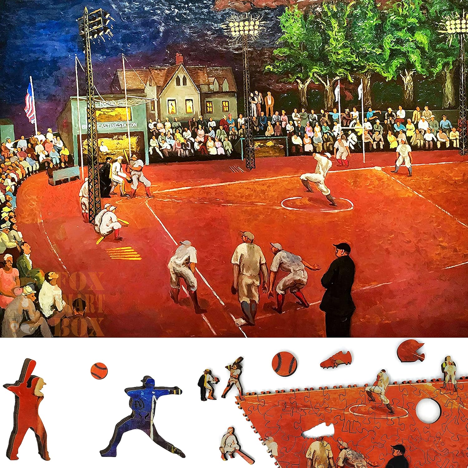 Wooden Puzzle for Adults - Uniquely Shaped Pieces - Made in The USA by FoxSmartBox - 300 Pieces - Baseball at Night