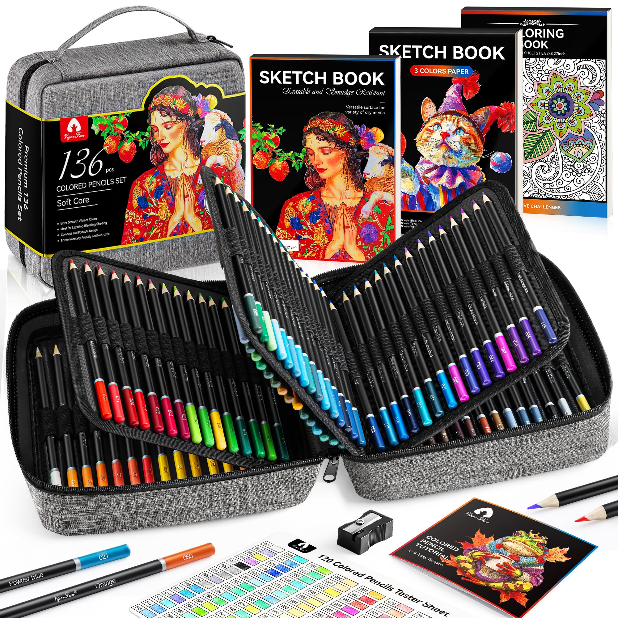 VigorFun Buntstifte-Set mit tragbarem Geschenketui, Kunstbedarf, 120 Buntstifte, 3-farbiges Skizzenbuch, Malbuch, Skizzenbuch, Spitzer, professionelle Zeichenstifte für Erwachsene und Kinder (grau)
