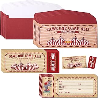 VELATYVIO 72Pcs Vintage circus party invitations with envelopes Carnival circus ticket invitations for Theme Birthday Party Celebration Invites Cards 7.87 x 2.95 Inch,36 Ticket 36 Envelopes,Red