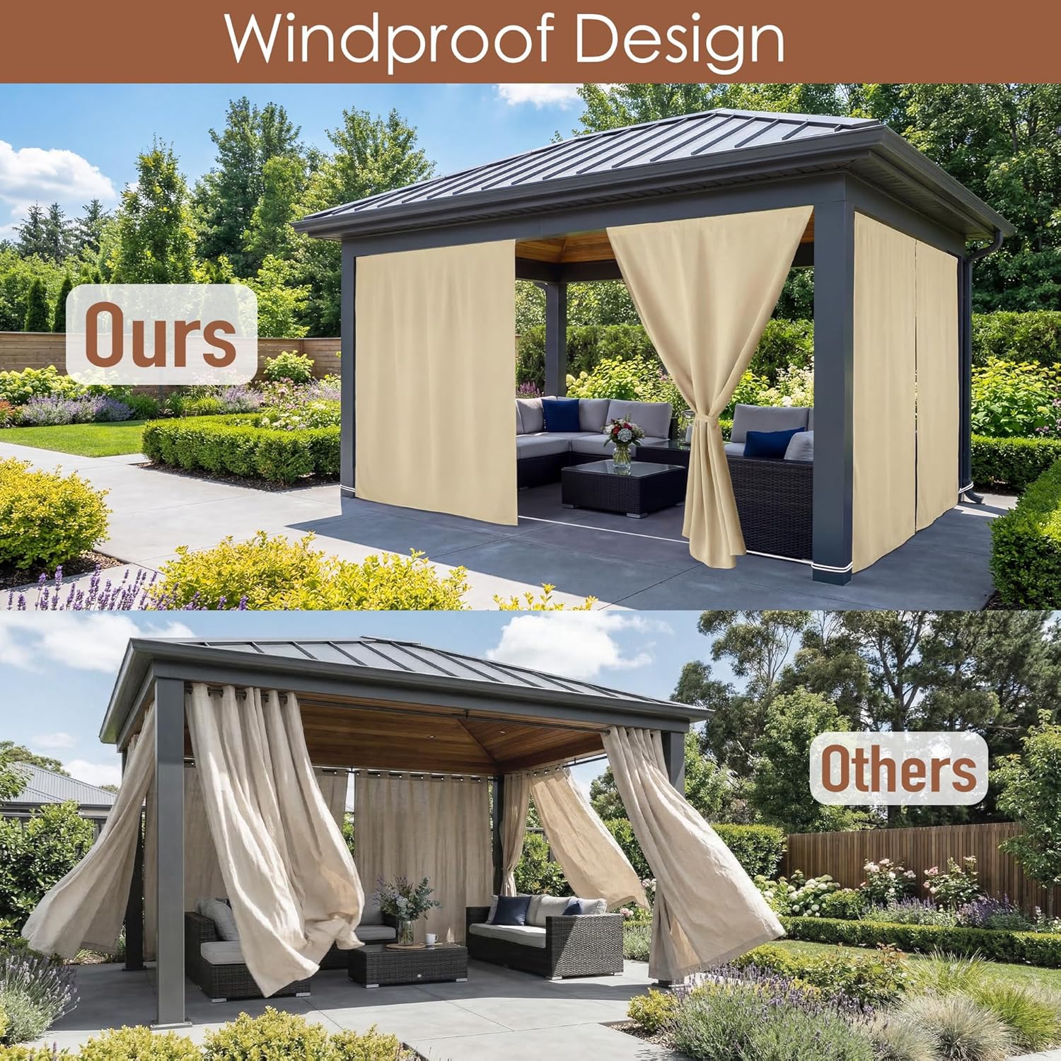 RYB HOME No-Rod Windproof Outdoor Curtains for Patio Waterproof with Adhesive Tape & Back Tab Bottom, Sun Blocking Privacy Curtains for Gazebo Porch Pergola, Biscotti Beige, W 52 x L 96, 2 Panels