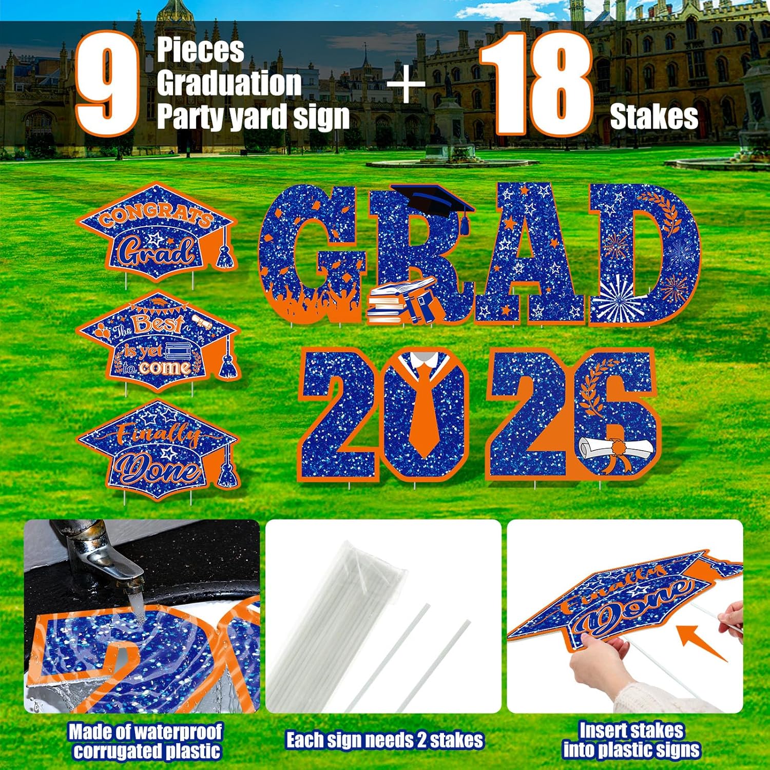 Yalikop Graduation Yard Sign Decorations Class of 2026 Grad Lawn Signs, 9 Pcs 16.5 Inch Congrats Grad Party Yard Signs with 18 Stakes for Outdoor 2026 Graduation Party Decor(Blue Orange)