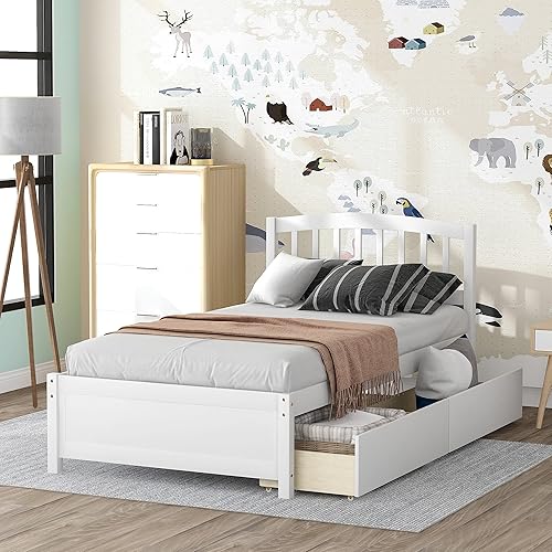 Miniatura 1 de Harper  Bright Designs Base de cama de almacenamiento individual cama de plataforma de madera con dos cajones y cabecera color blanco