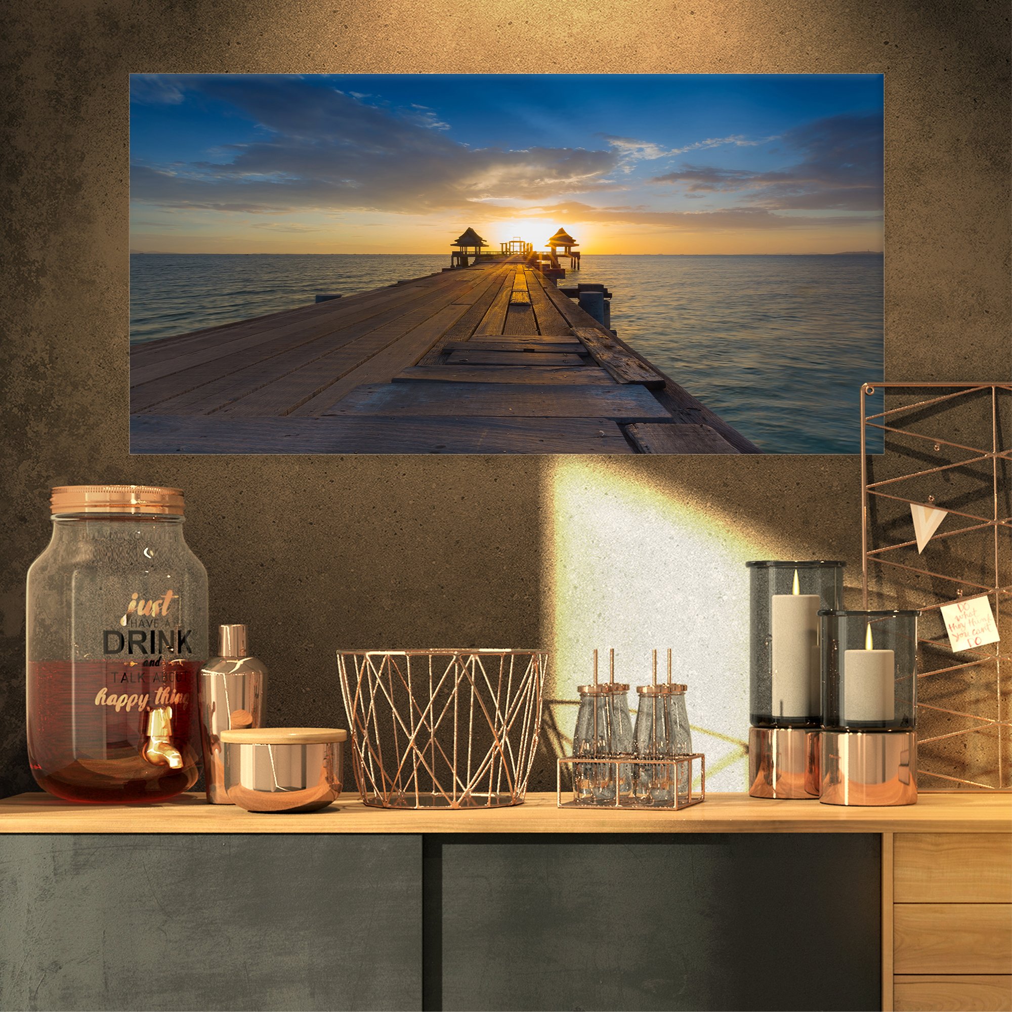 Design ArtHuge Wooden Setting Sun-Sea Pier and Bridge Wall Art Canvas-32X16, Cotton, 32x16