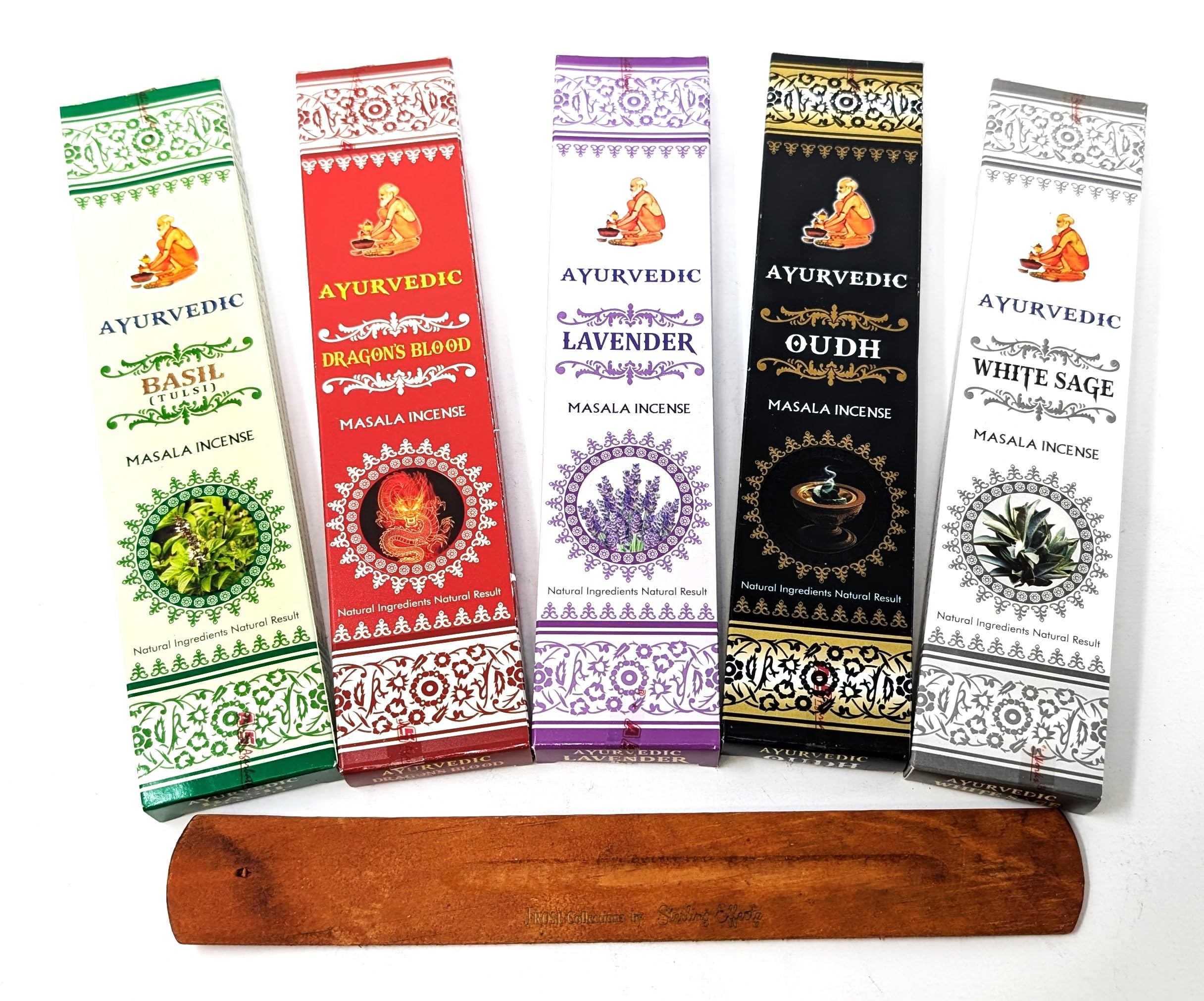 Jrose Collections Multicolor Ayurvedic Incense Sticks With Holder - Masala Fragrances: Dragon's Blood, White Sage, Oudh, Lavender, Basil - Premium Natural Aromatherapy For Relaxation And Meditation