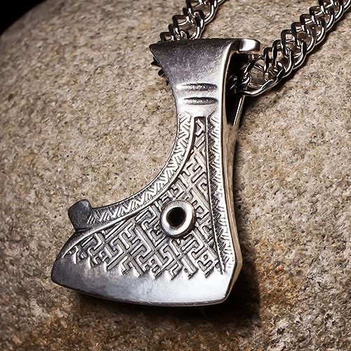 Miniatura 2 de Viking Axe Necklace 925 Sterling Silver - Thors Hammer Mjolnir Pendant Necklace - Celtic Pagan Norse Nordic Scandinavian Jewelry for Men - Handmade