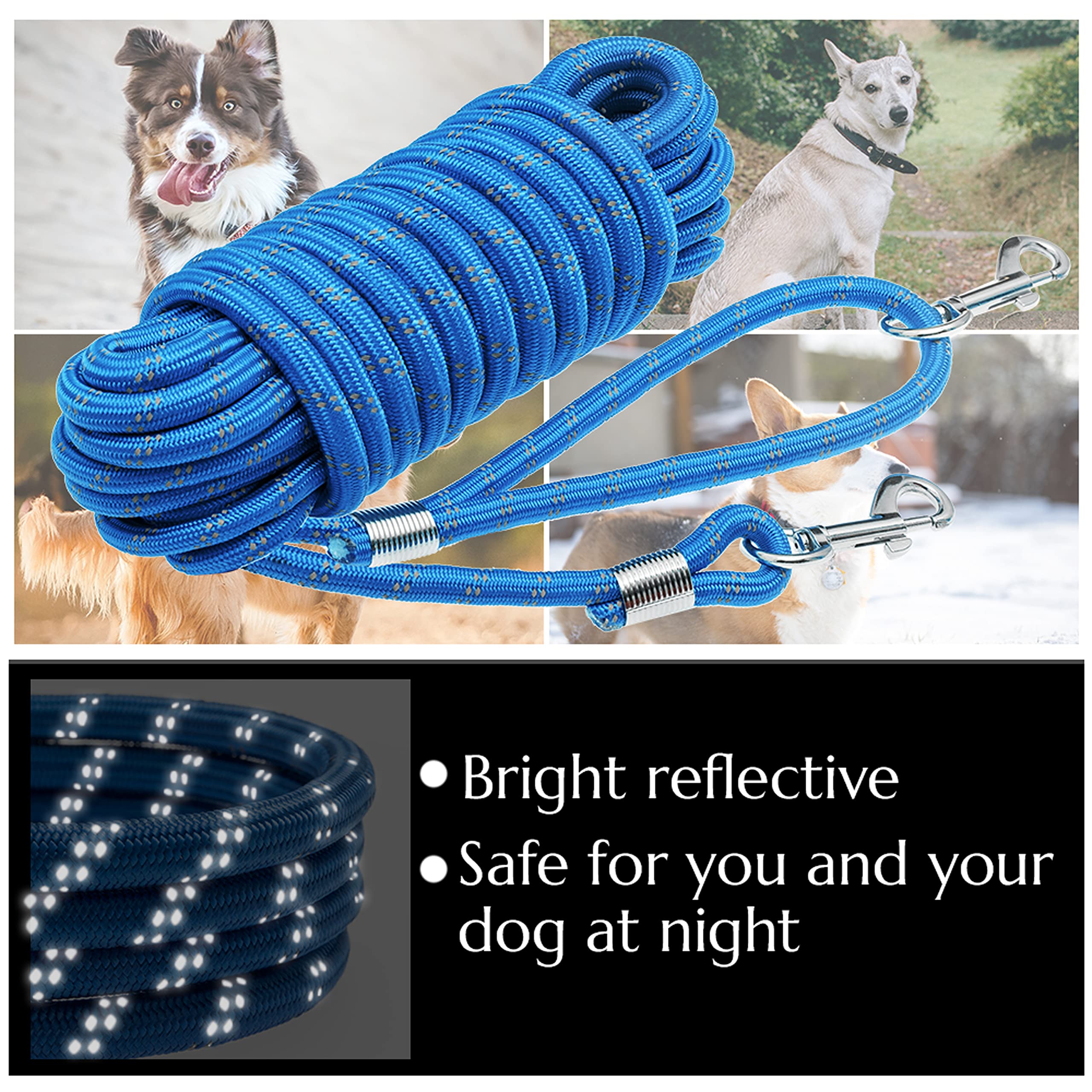 Correa larga para perro, 30 pies, 50 pies, correa reflectante de entrenamiento resistente para perro, cuerda de nailon para caminar, cazar, acampar, correr, etc. Fácil control para perros