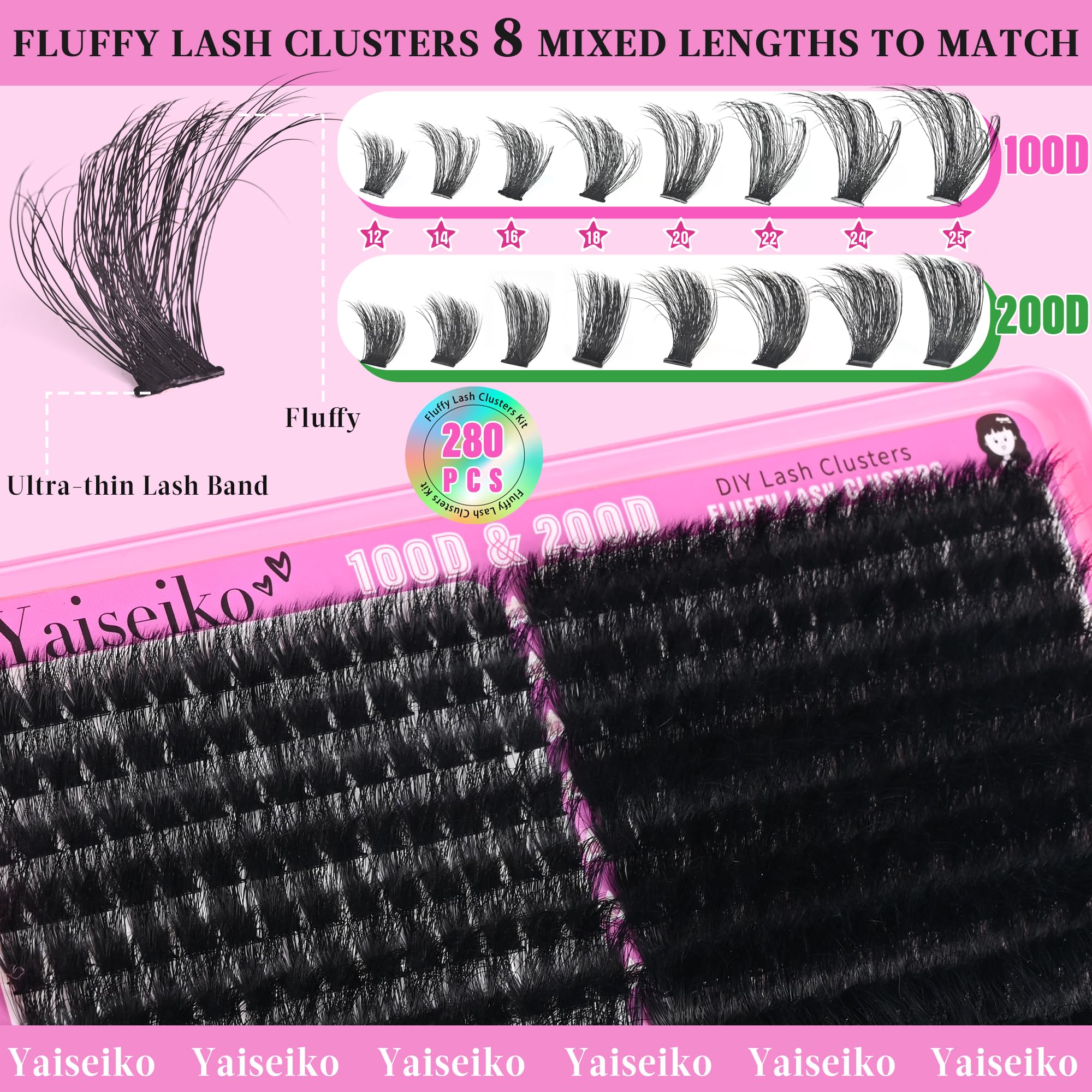 Fluffy Lash Clusters 100D+200D Thick Eyelash Clusters 12-25mm Wispy Individual Mega Volume Lashes D Curl Cluster Eyelash Extensions 280Pcs DIY Lash Extension at Home, by Yaiseiko(Plant Fiber)