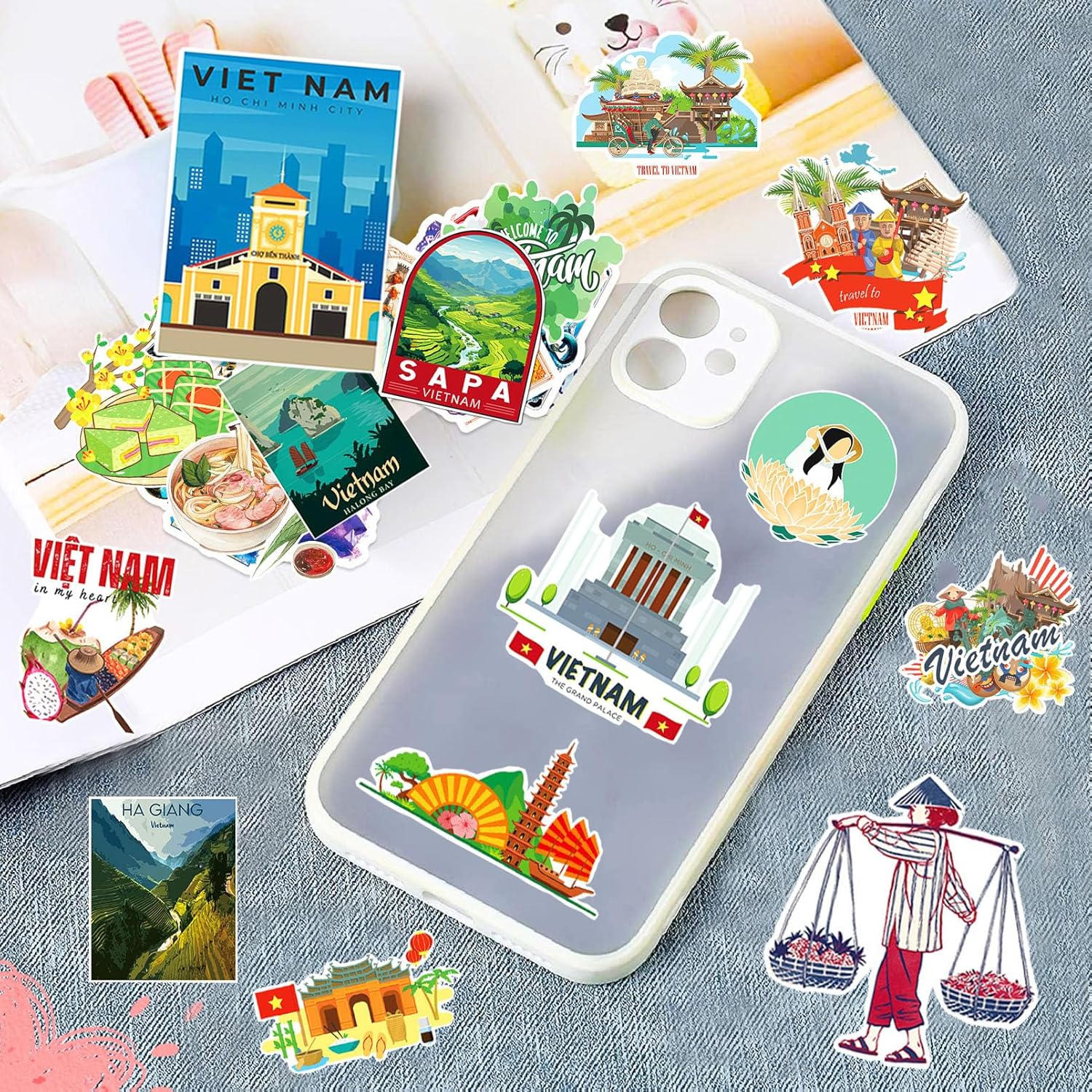 Vietnam Stickers, 60pcs Funny Vietnam Themed Travel Stickers Pack Vinyl Cartoon Graffiti Water Bottles Stickers for Kids Teens Boys Girls Adults Guitar Journal Laptop Scrapbook Decals - Image 3