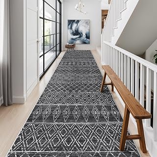 Washable 2.6x14 Runner Rug Moroccan: Hallway Non Slip Geometric Rugs Black | Bedroom Rugs - Soft Long Low Pile Boho Carpet - Modern Floor Mats for Kitchen Entryway Laundry