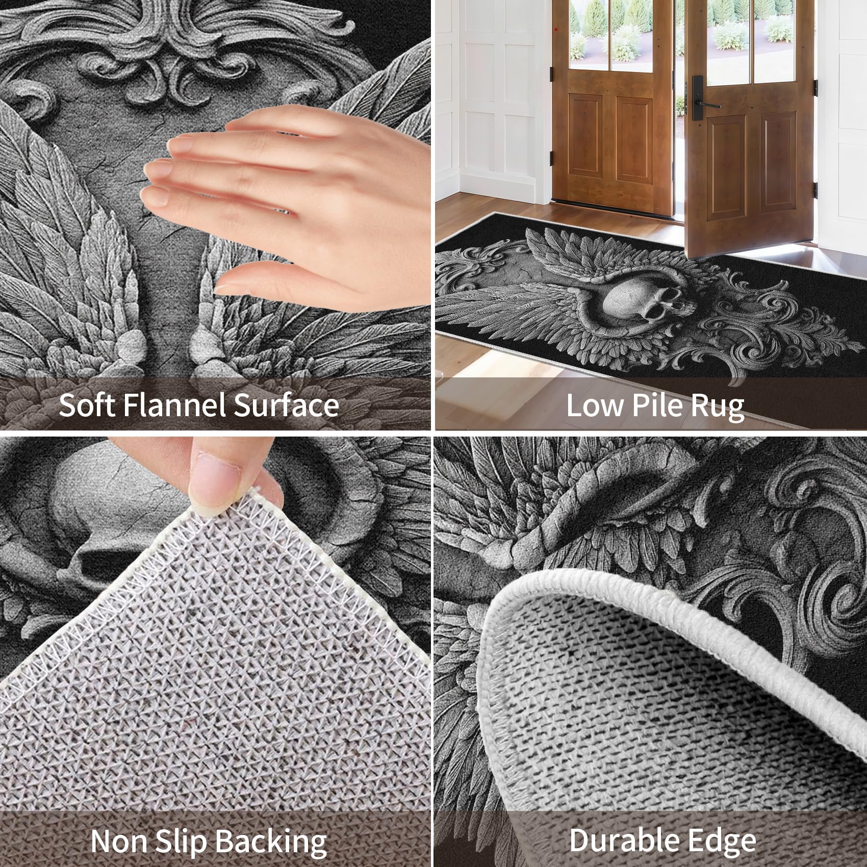 Generisch Gothic Schädel Läufer Teppich Flur 60x180cm Waschbar Engelsflügel Teppichläufer rutschfest Kurzflor Teppich Läufer für Eingang, küche, Schlafzimmer, Wohnzimmer, Korridor ZU&Q348