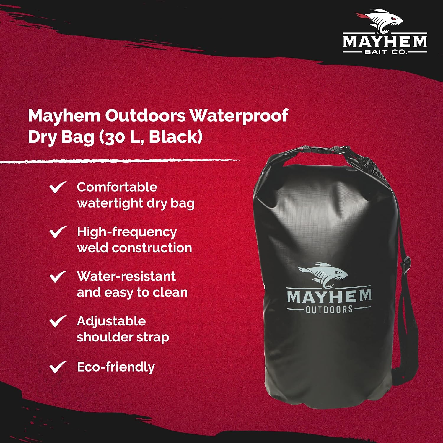 Mayhem Bait Co. Waterproof Dry Bag with Waterproof Phone Case, (Black, 30L)