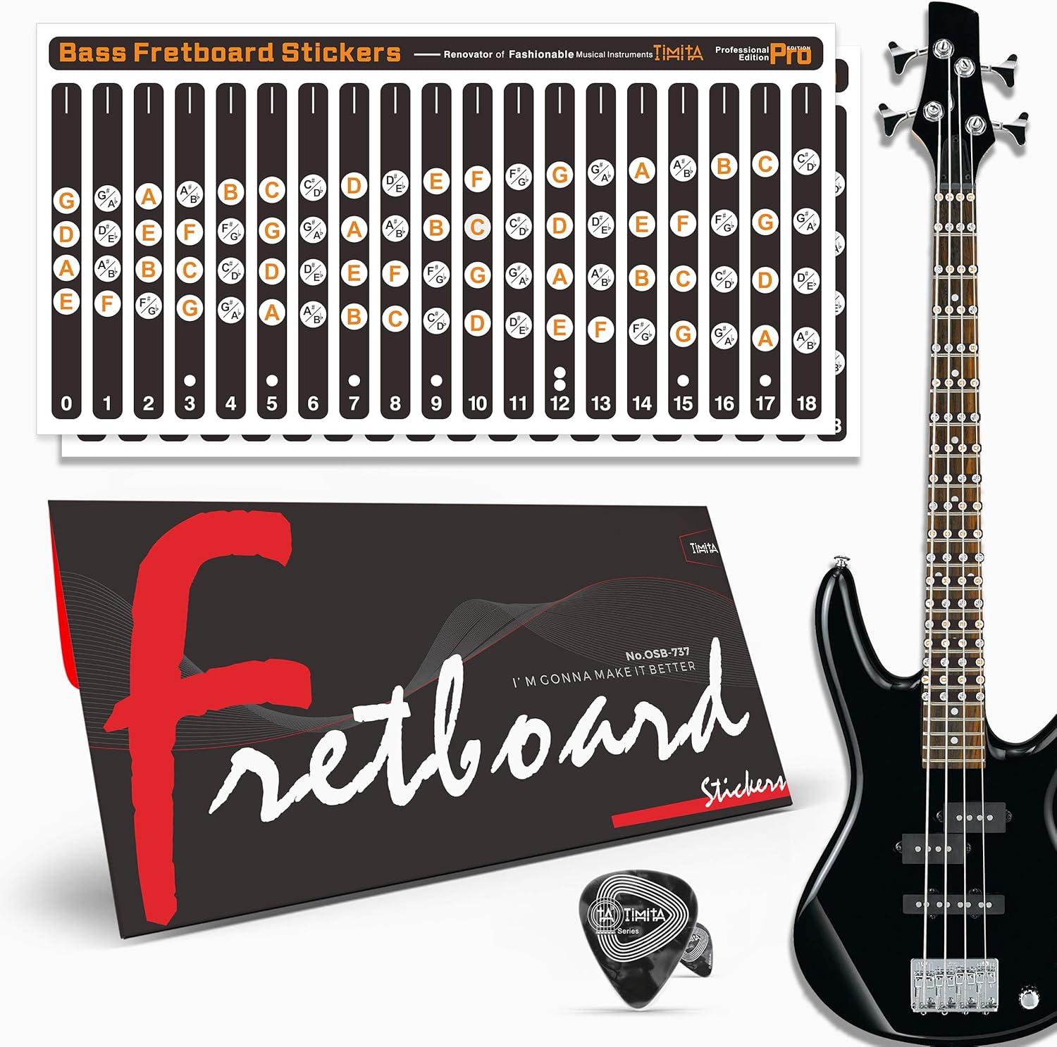 Beginner Bass Guitar Fretboard Stickers with Note Map & Heavy Bass