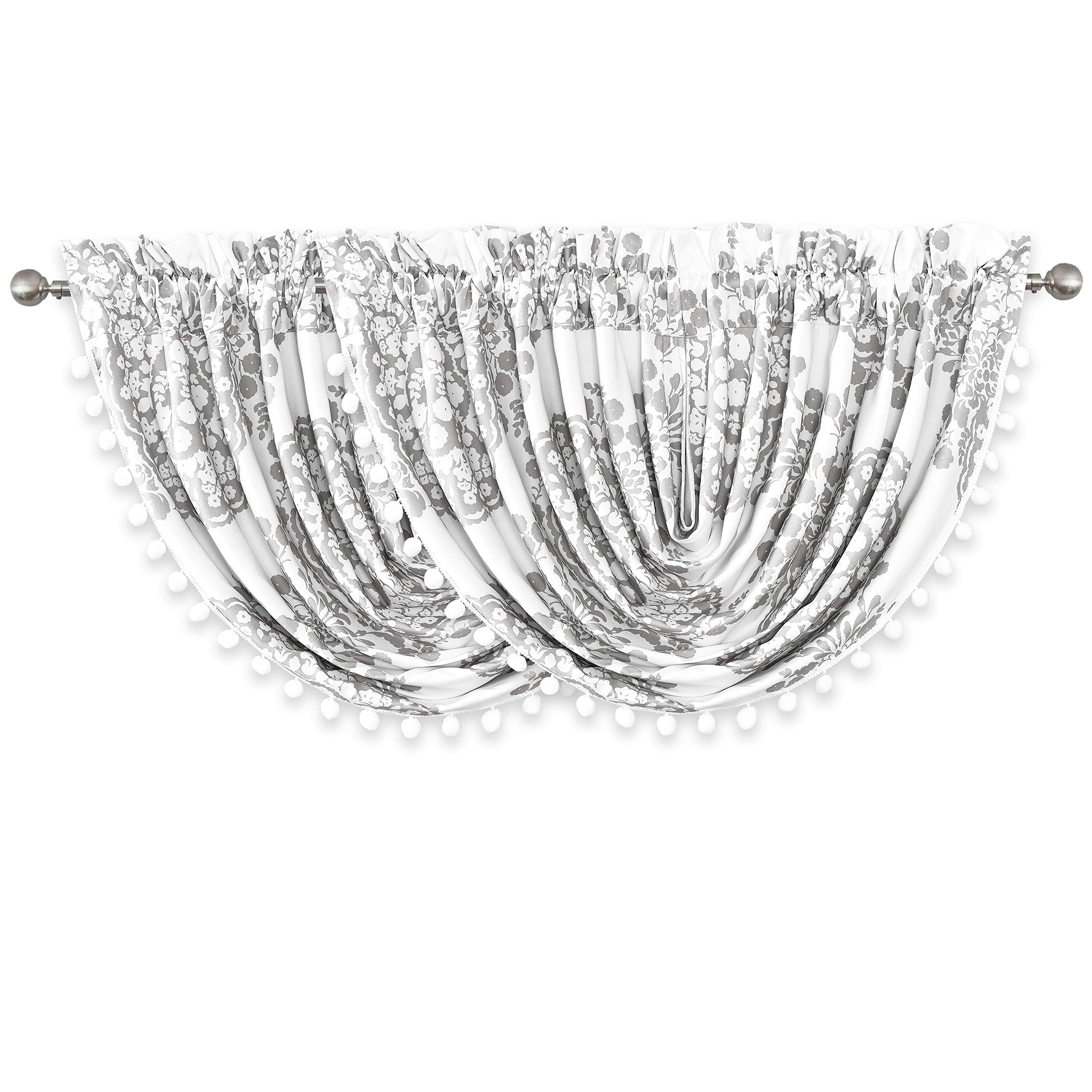 DriftAway Samantha Waterfall Damask Medallion Lined Thermal Insulated Energy Saving Rod Pocket Window Curtain Swag Valance 2 Pack 52 Inch by 18 Inch Plus 2 Inch Header Gray