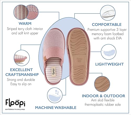 Miniatura 3 de Floopi Pantuflas para la casa para mujer, pantuflas de punto acanalado suave con espalda cerrada para mujer, múltiples capas de espuma viscoelástica