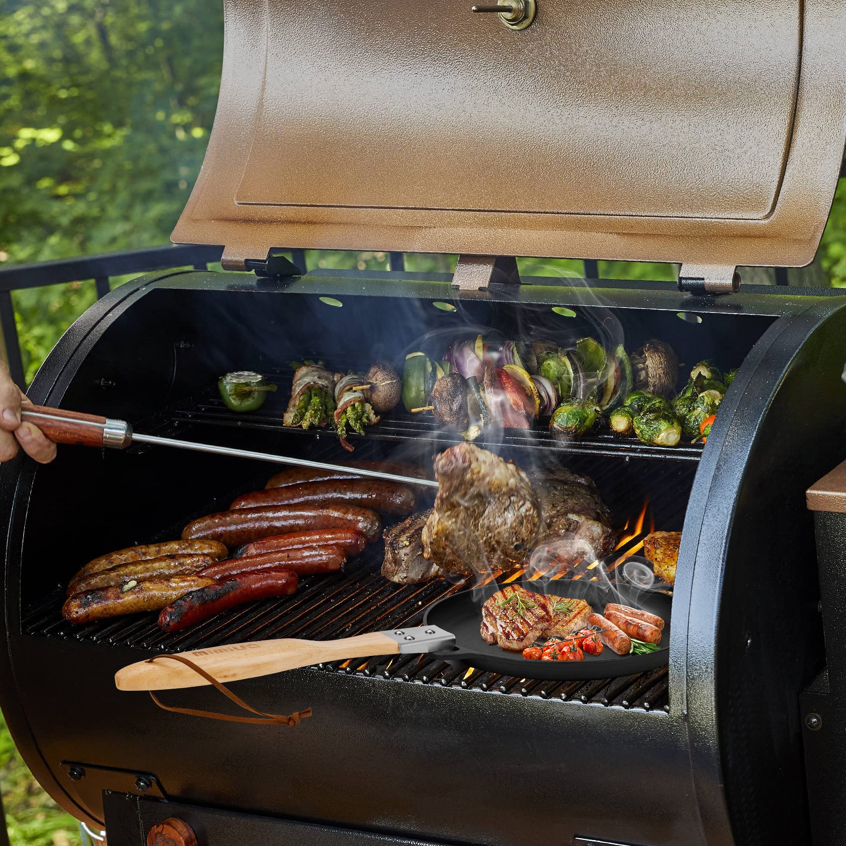 Mimiuo Poêle en Fonte, Ø 30cm Ronde Poele Grill avec Manche Amovible en Bois, Poêle à Frire à Steak BBQ pour Four à Pizza et Cuisinière