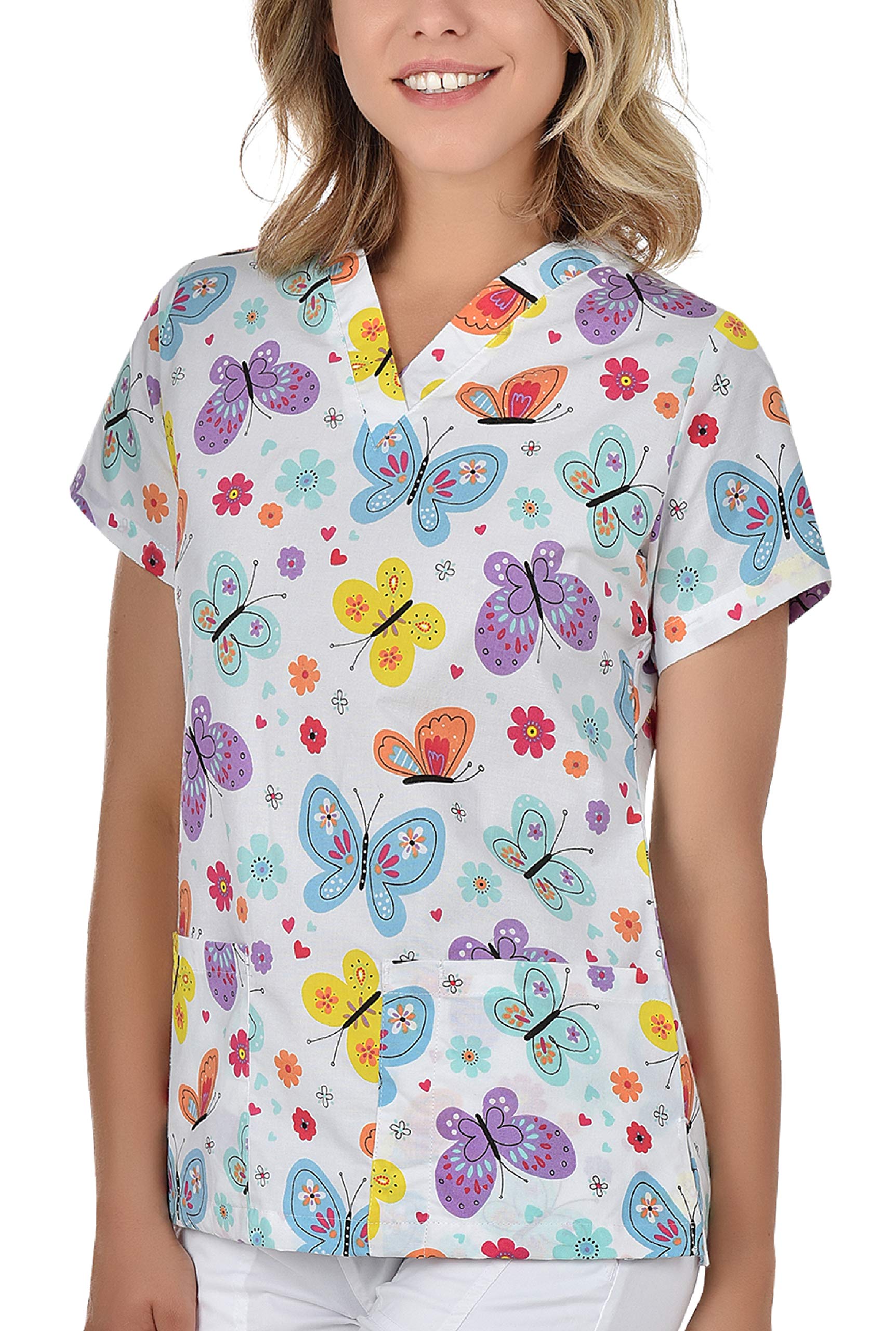 B-well Bambina Casacas Sanitarias Mujer Manga Corta Cuello V para Enfermeras, Dentistas, Médicos, Estudiantes y Veterinarios