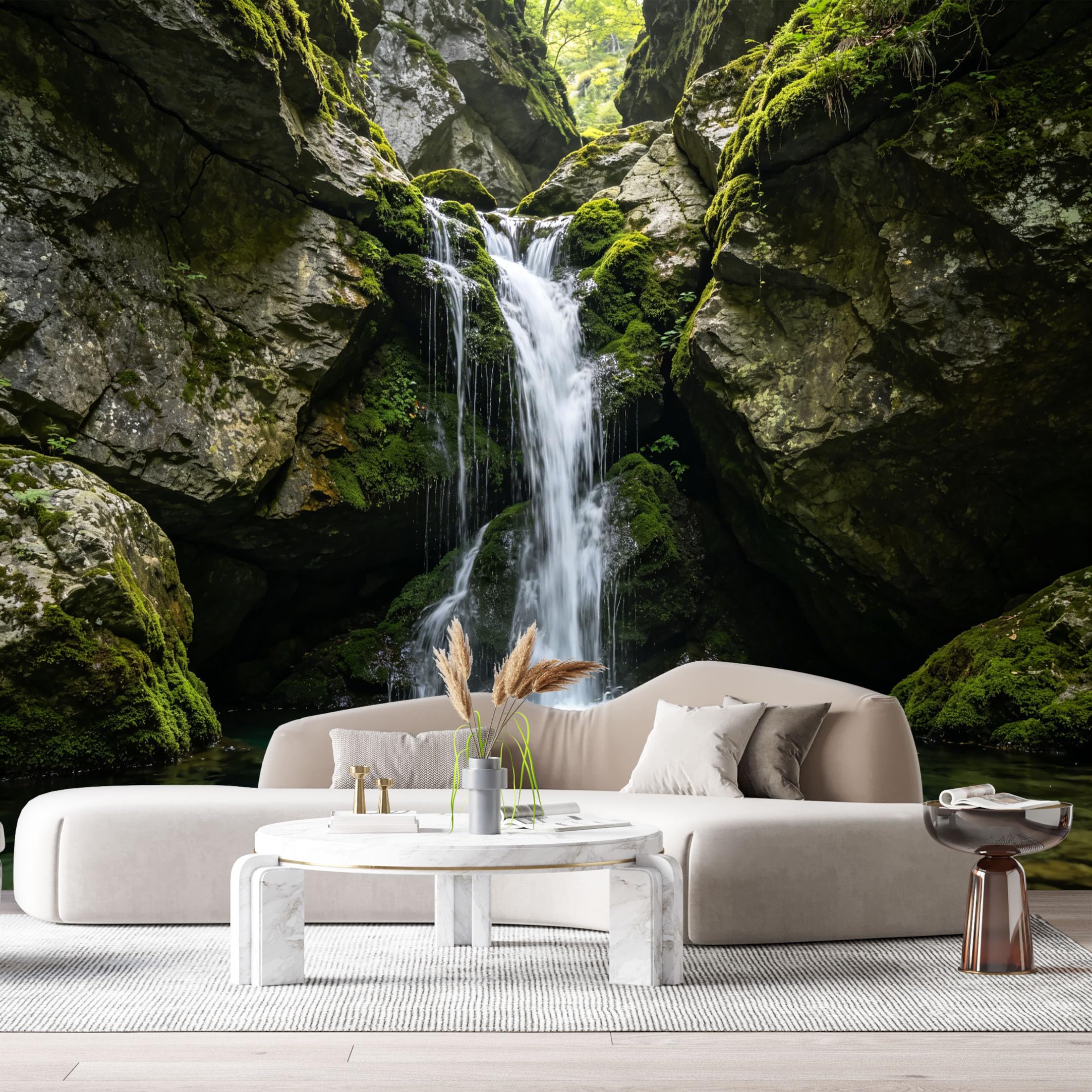 Custom Size Wall Murals Hidden Forest Waterfall Landscape Mossy Rocks Clear Stream SelfAdhesive Wall Fabric Removable Large Wallpaper for Photo Living Room
