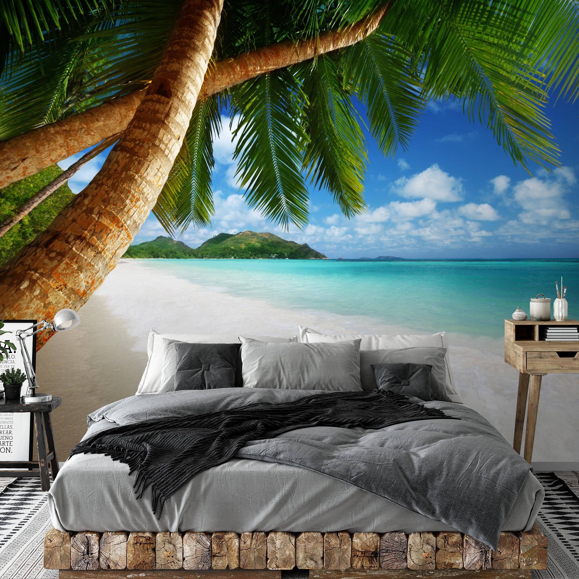 Runa Art Carta da parati fotografica 396 x 280 cm Spiaggia e mare palma | Vello Decorazione Murale Soggiorno Camera Da Letto | Manifattura tedesca | Verde blu 9004012b