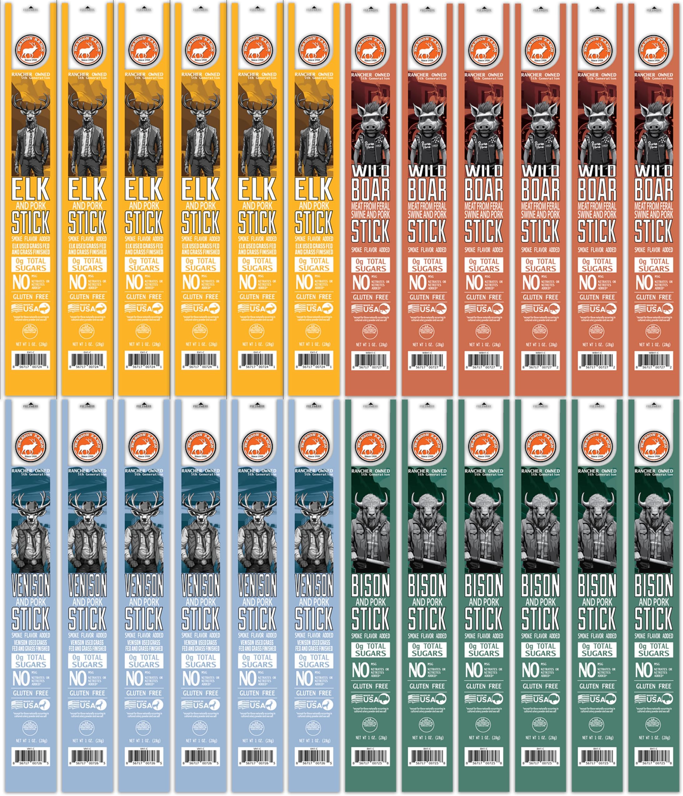PEARSON RANCH Game Meat Sticks Variety - Elk, Bison, Venison, Wild Boar - Exotic Jerky Sticks, No Added Nitrites, High-Protein, Paleo & Keto Friendly Meat Snacks, 1oz sticks, 6 each, Pack of 24
