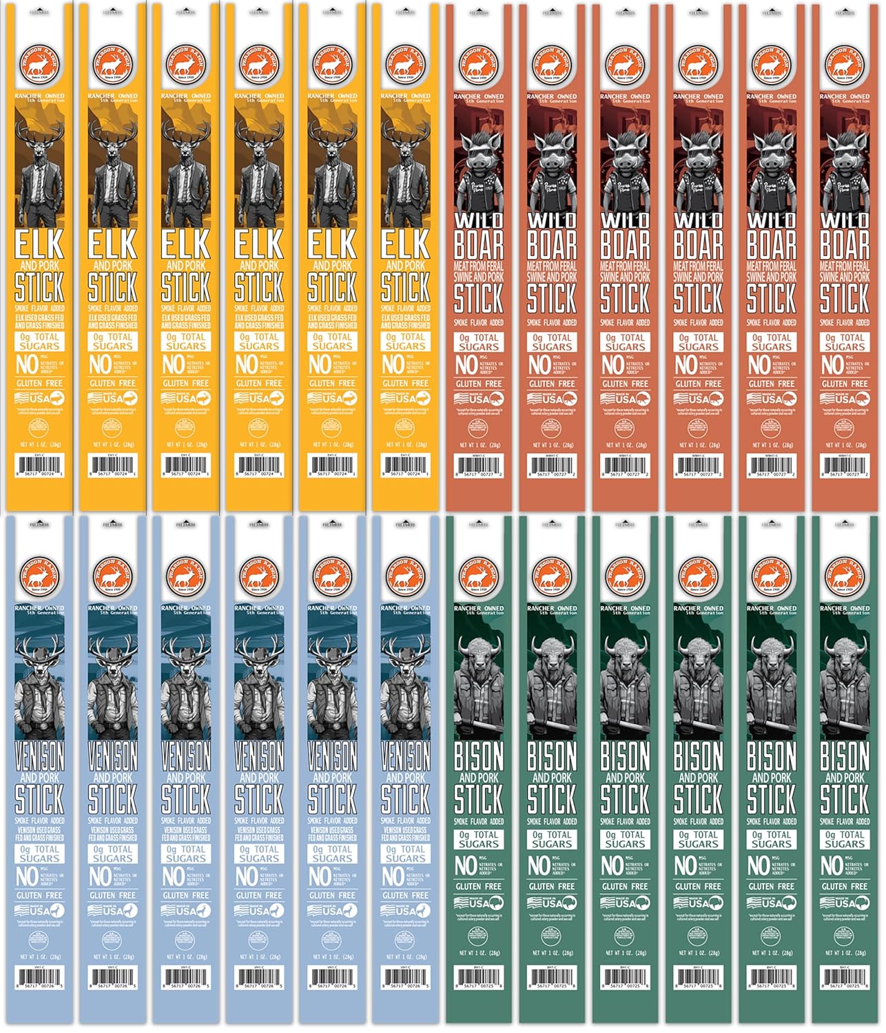 PEARSON RANCH Game Meat Sticks Variety - Elk, Bison, Venison, Wild Boar - Exotic Jerky Sticks, No Added Nitrites, High-Protein, Paleo & Keto Friendly Meat Snacks, 1oz sticks, 6 each, Pack of 24