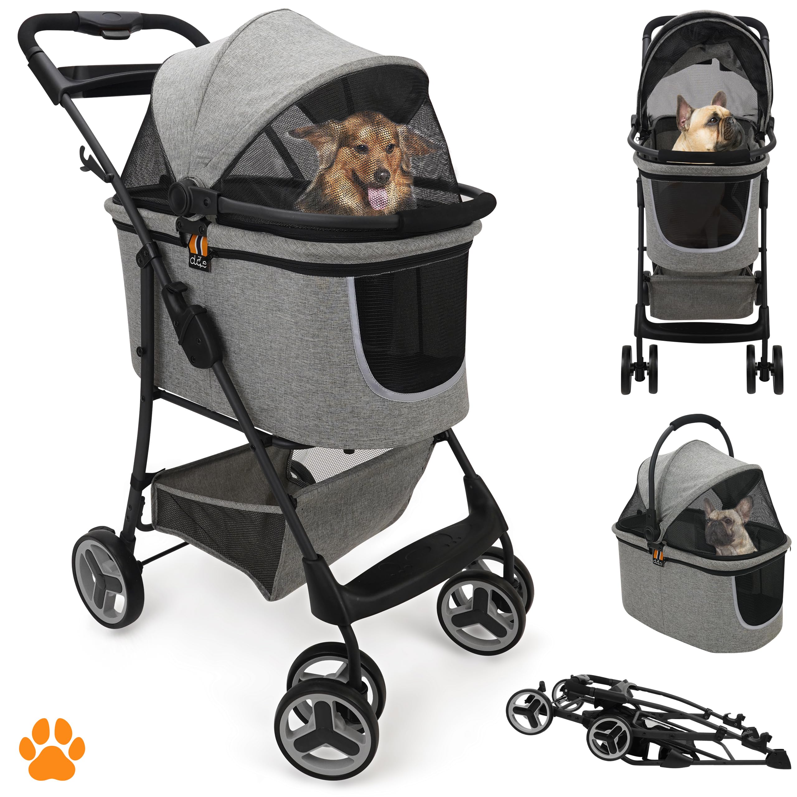Mod. CECE 2 in 1 - Passeggino per animali, con cestino per spesa o accessori, pieghevole con una mano, utilizzabile col telaio della carrozzina o staccabile come trasportino, grigio melange
