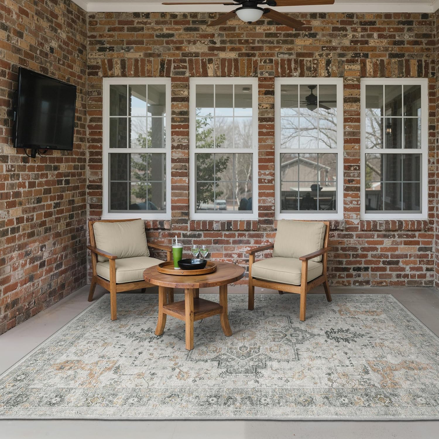 GENIMO Outdoor & Indoor Area Rug 5'x8', Waterproof, Non-Shedding, Easy Cleaning, Boho Mat for Patio, Living Room, Balcony, Dining Room, RV, Deck, Bedroom, Camping, Outside Carpet,Light Grey Brown