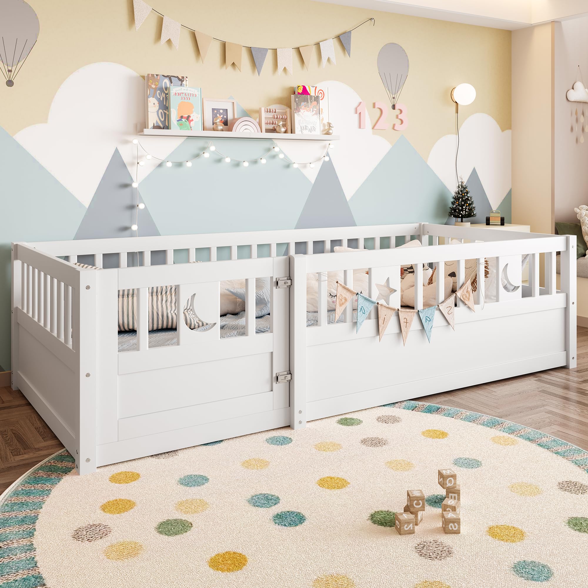 Cama Infantil al Suelo 90 x 190 cm, Cama Montessori con Barreras para Niños con Protección, Decoración de Estrella y Luna, sin somier de láminas, Colchón no Incluido, Blanco