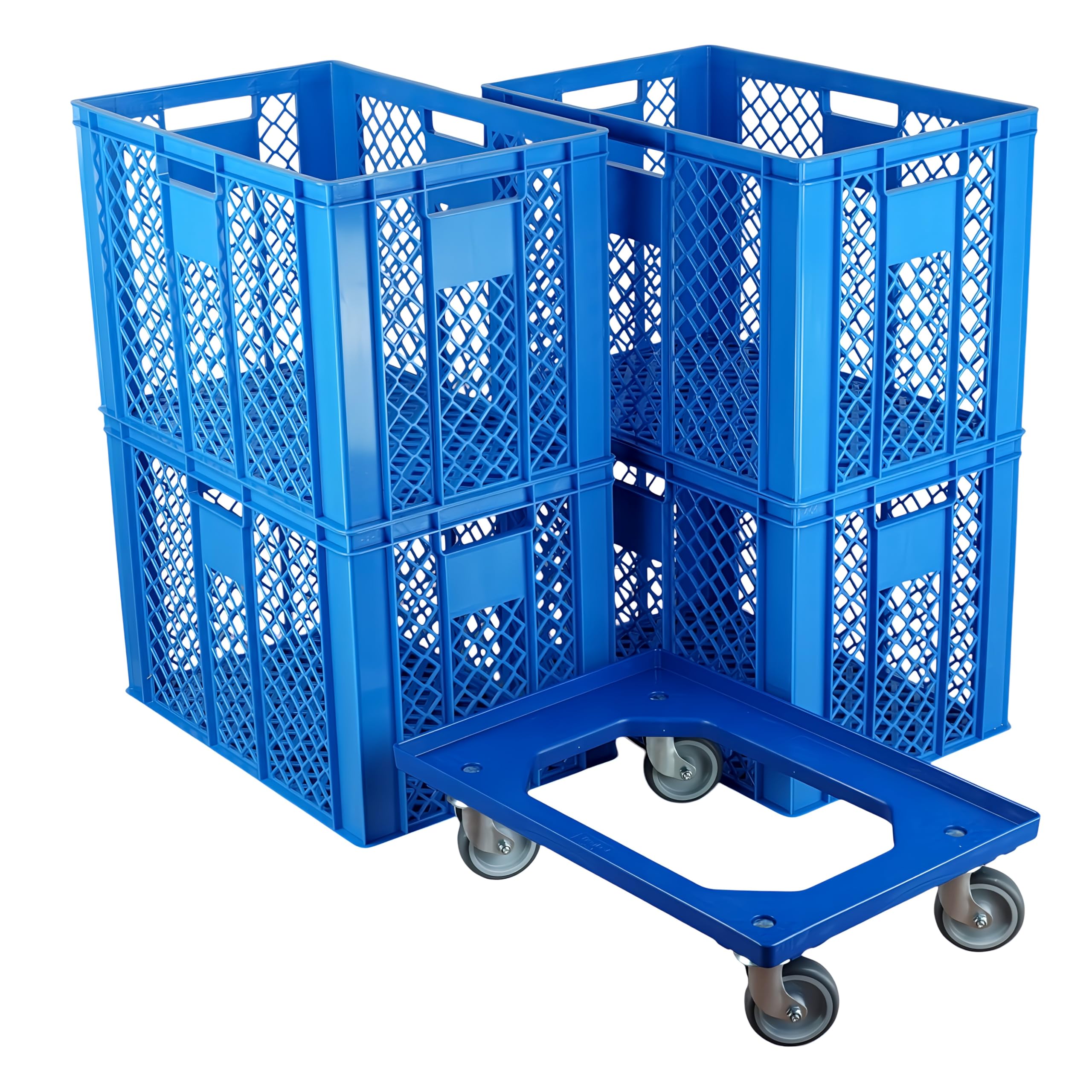 Logiplast 4 Stück Bäckerkisten Brotkisten 600 x 400 x 410 mm in blau + 1 Transportroller in blau