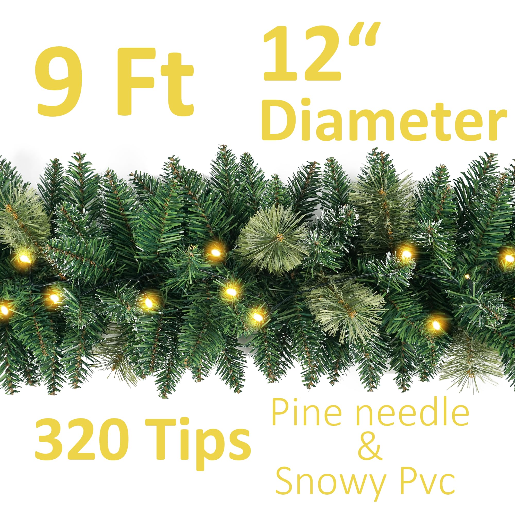 Guirlande de Noël pré-éclairée de 2,7 m avec 50 lumières LED, guirlande de Noël style neige, décoration de Noël à piles pour cheminée, escalier, intérieur et extérieur
