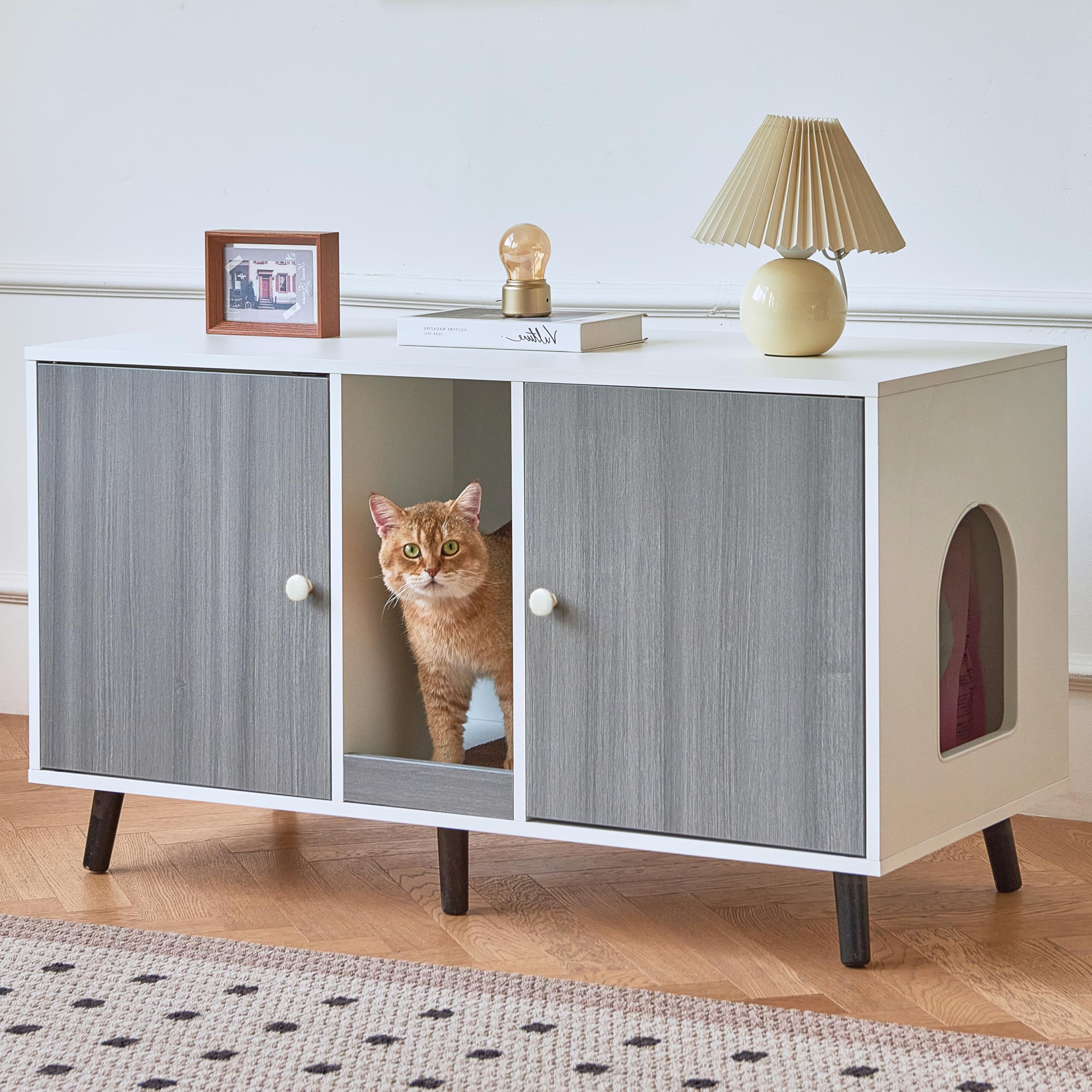 Cat Litter Box Enclosure for 2 Cats, Hideaway Litter Box Furniture with Scratching Pad, Enclosed Litter Box TV Stand Pet Washroom End Table Side Table, Grey