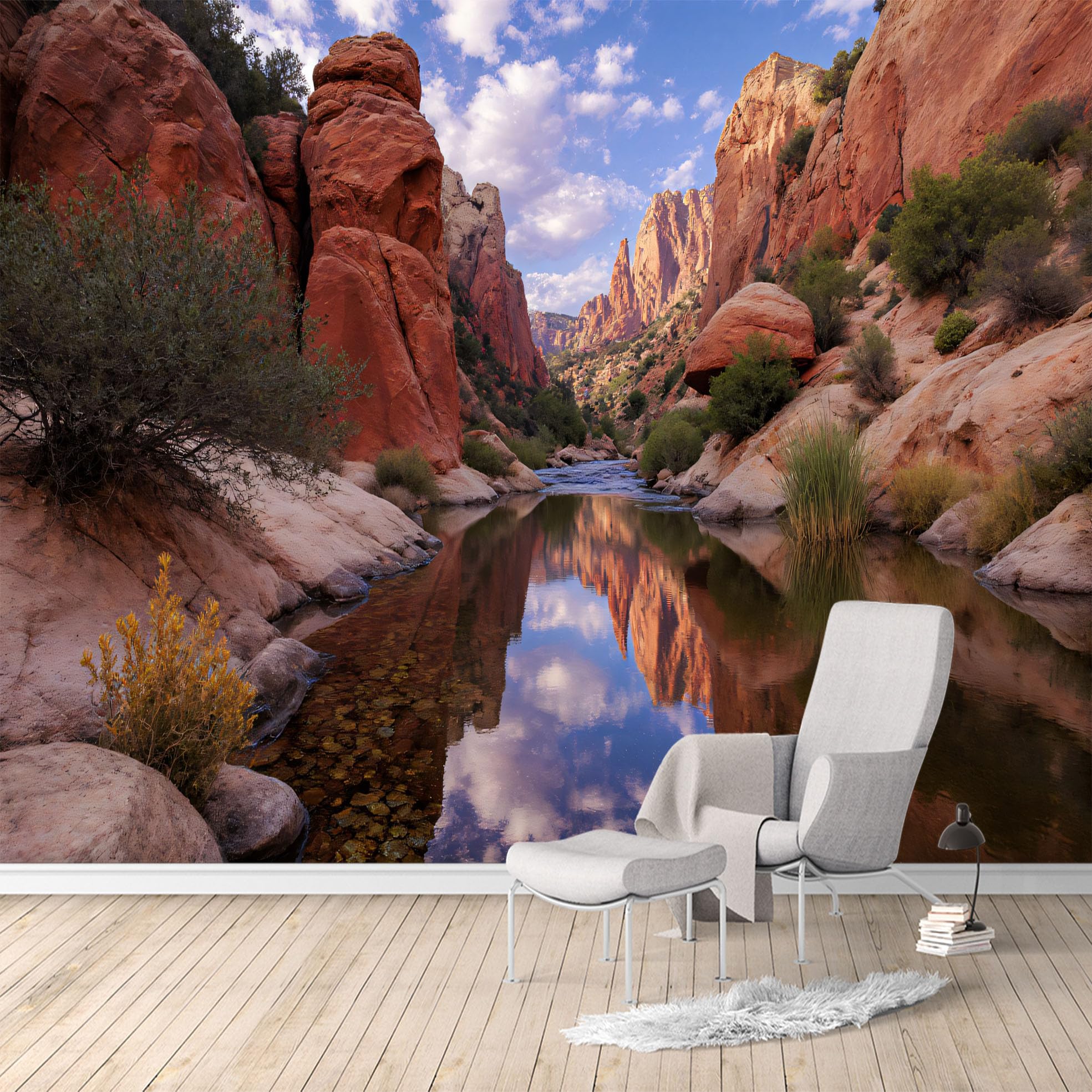 Custom Size Wall Murals, Red Rock Canyon & Calm River Landscape, Removable Self Adhesive Large Wallpaper Mural for Living Room Bedroom Office Home Decor